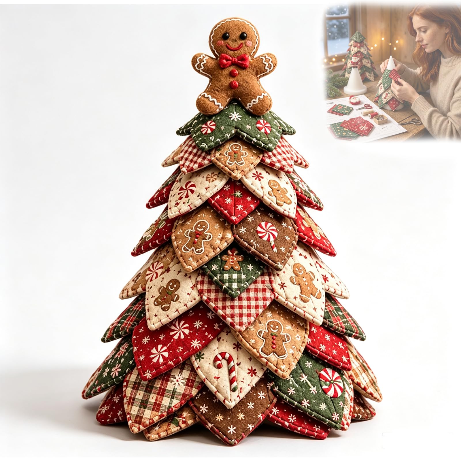 DIY Quilted Christmas Tree Kit, Handmade Fabric Holiday Tree Décor (Gingerbread Man)