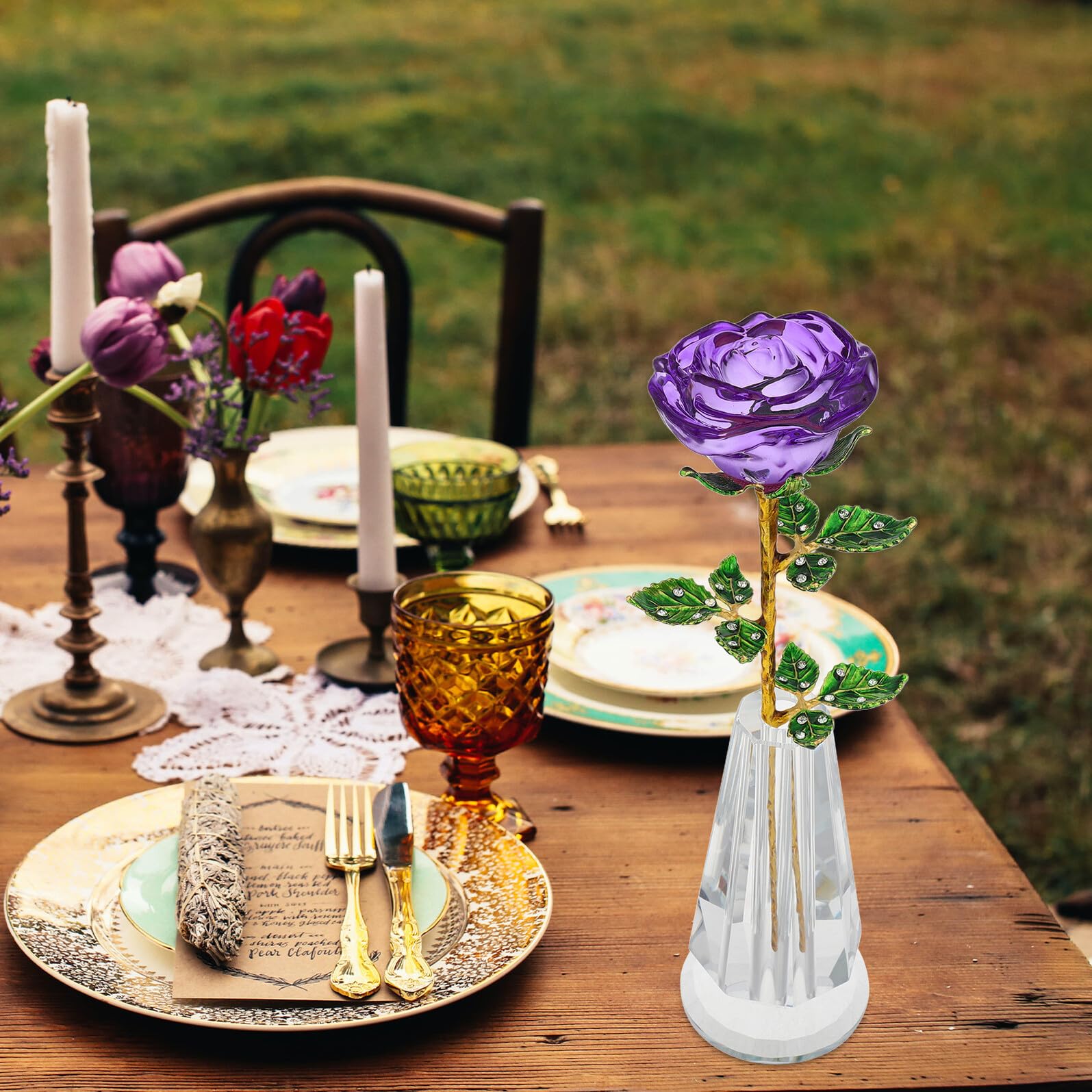 SHINEOFI Estatua de Flor de Cristal Morada con Tallo Dorado y Jarrón Figura Decorativa Coleccionable para Bodas Centro de Mesa y Obsequio Romántico de Aniversario