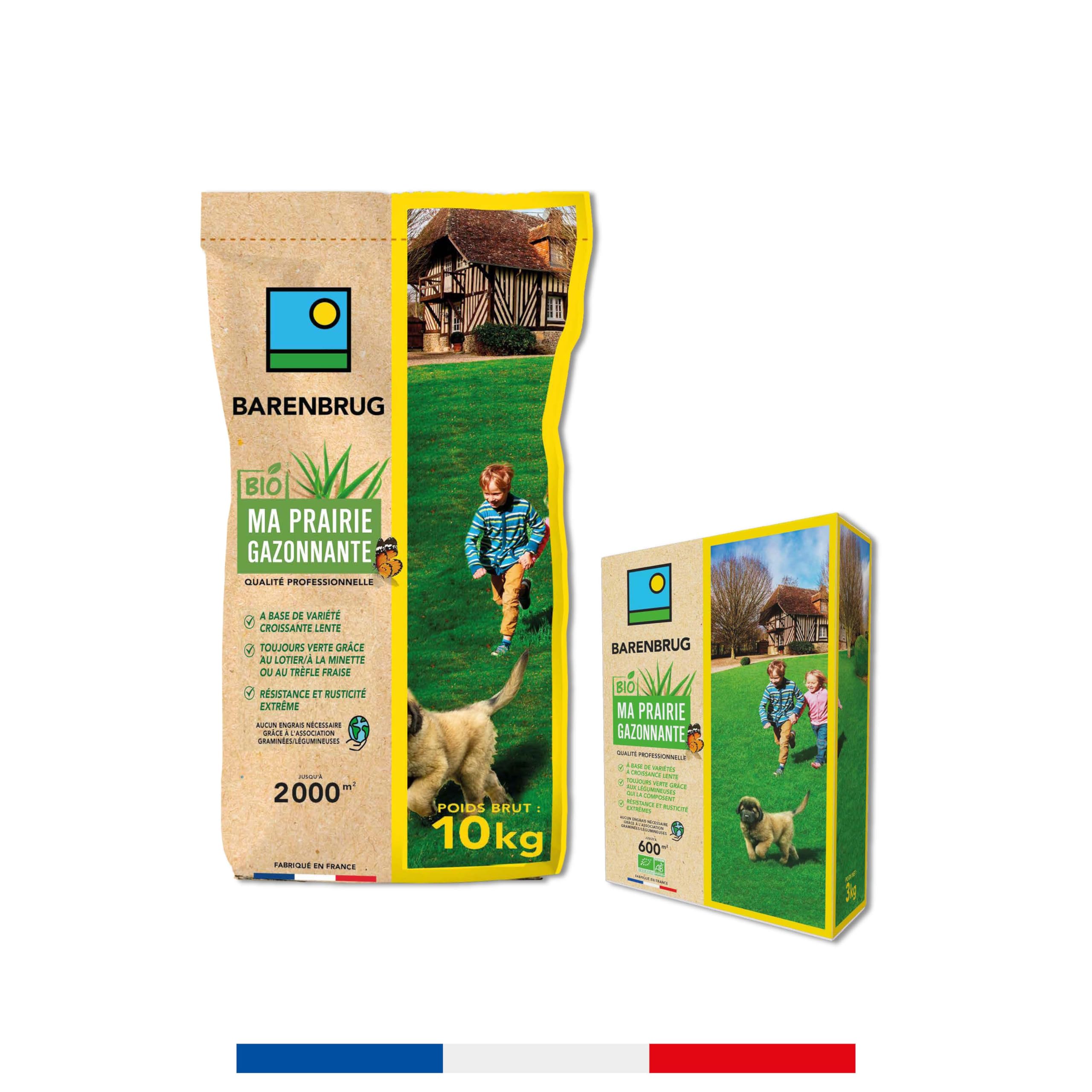 BARENBRUG - Pradera Césped BIO - Variedades de Crecimiento Lento - Siempre Verde gracias a las Leguminosas - Resistencia y Rusticidad Extremas - Fabricado en Francia - 10 Kg