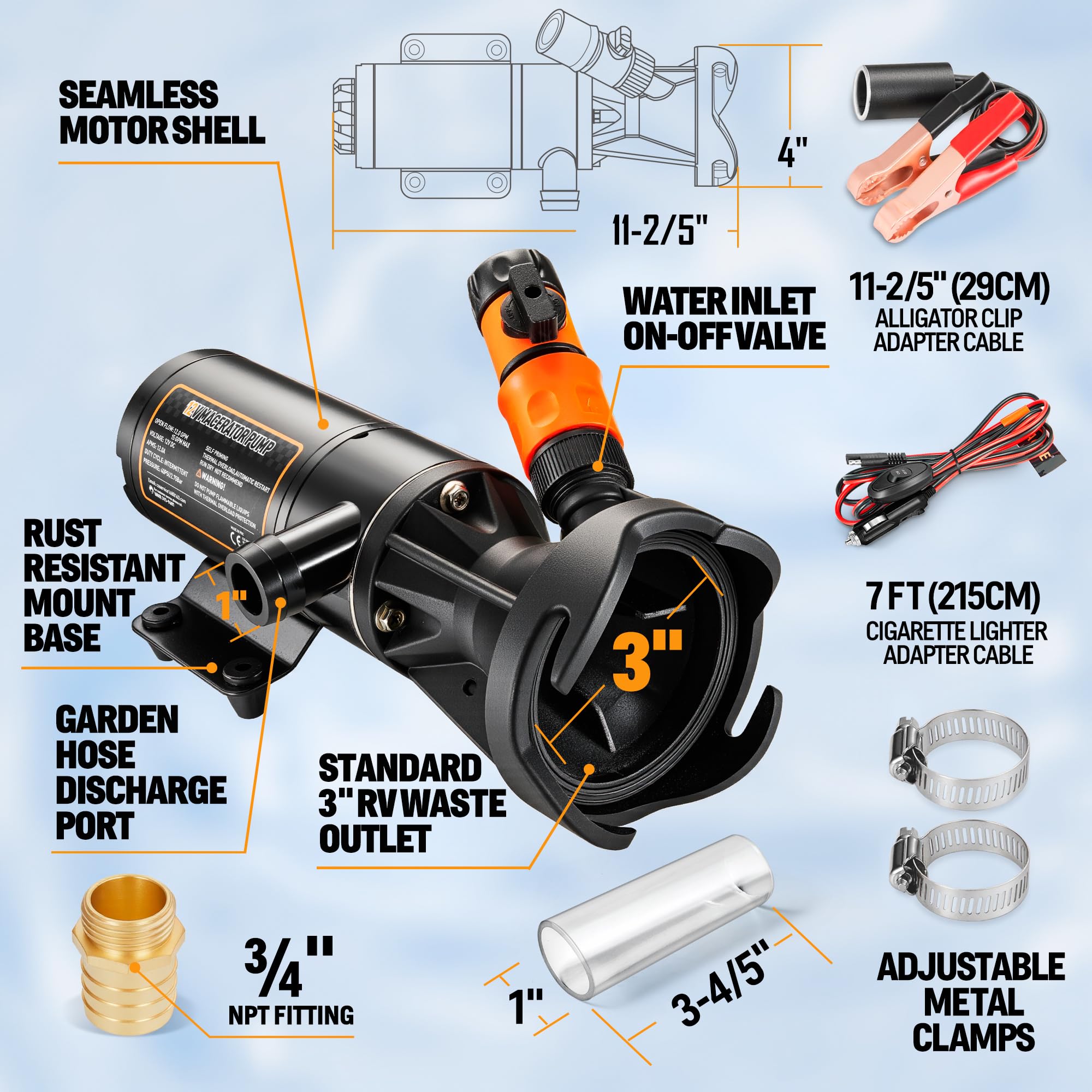Pompa Macerator do kampera, 12 V, 12 GPM, ssanie, 1 m, podniesienie 3 m, z przyłączem wylotowym węża ogrodowego, pompa do ścieków z szybkim uwalnianiem z płukaniem świeżej wody i funkcją ręcznego