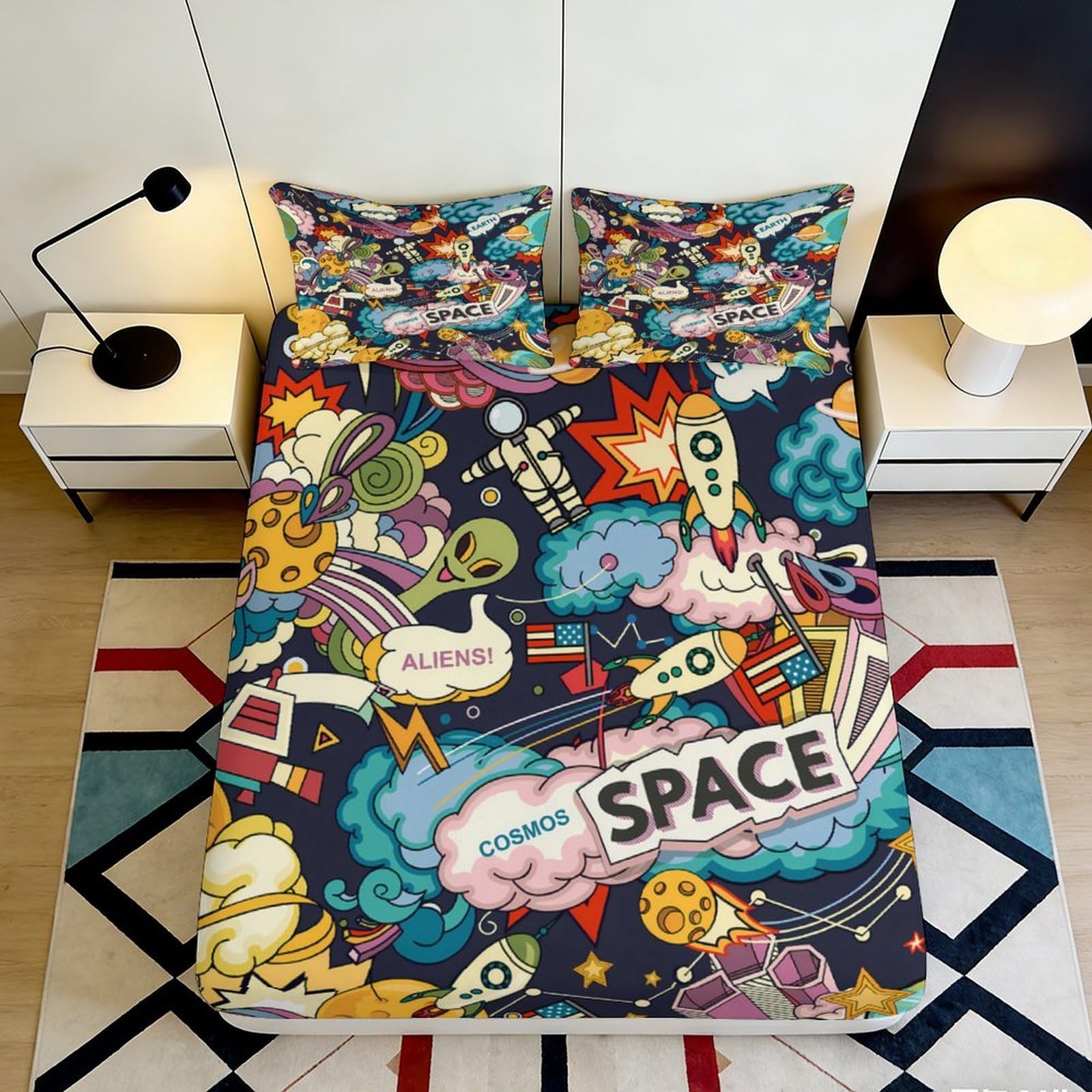 Pnayamiorkfel Style-2 3D Printed Cartoon Space Fitted Sheet Microfiber Colourful Aliens Bed Cover Bedroom Dorm Decor Mattress Protection 90X200x25cm