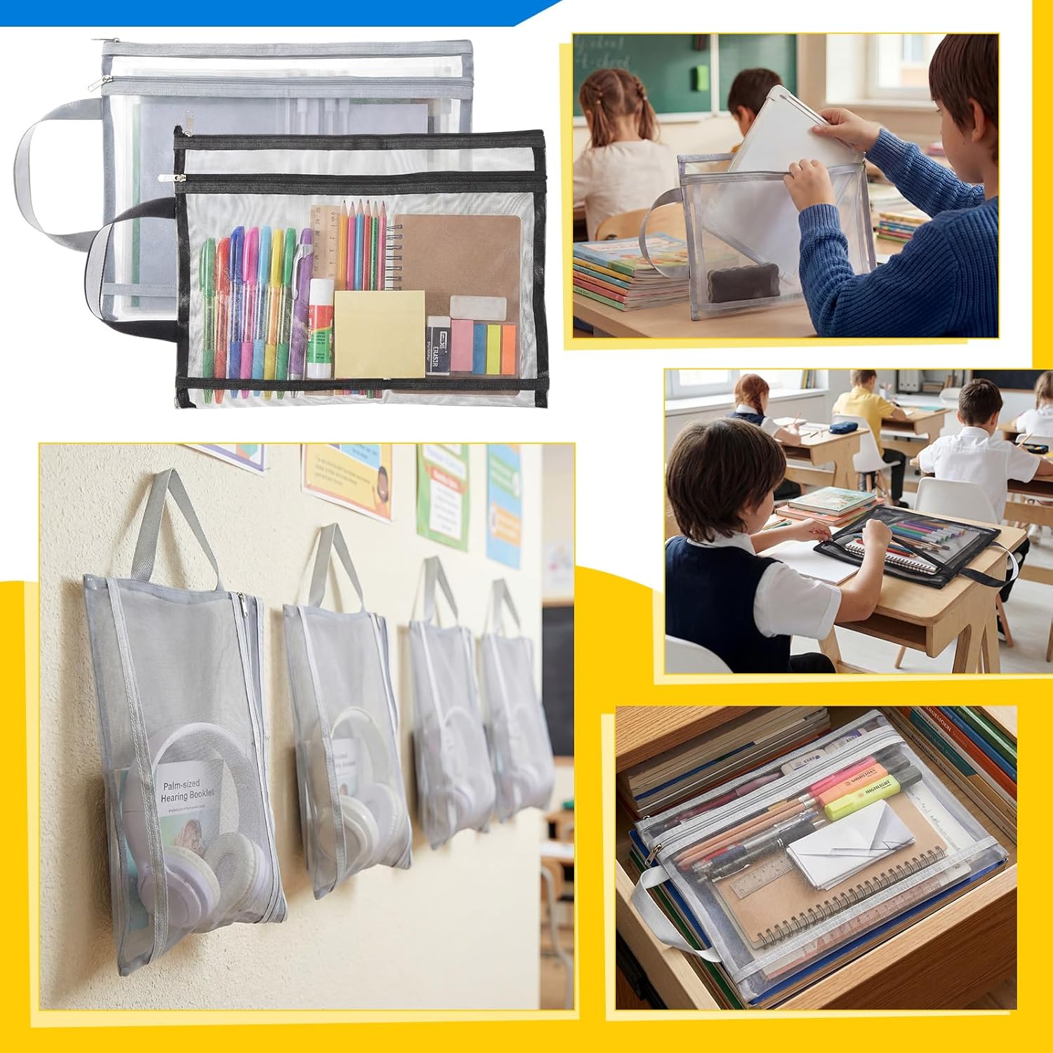 24 Pcs A4 Mesh Zipper Pouch Bags with Handles Black and Gray Double Layer Nylon Document Organizer Pouch for School Office Portable Games Toy Storage Bags for Building Blocks