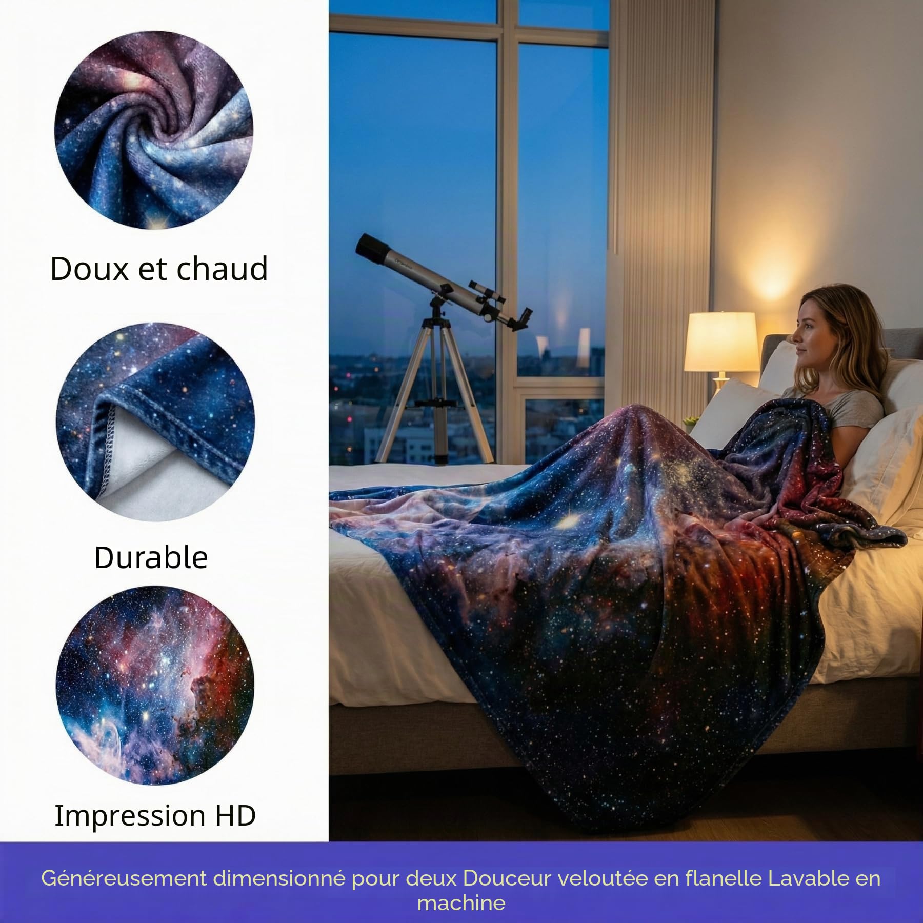 Couverture de Canapé Spatiale, Couverture Polaire Galaxie Couverture Peluche Confortable pour Voyage Canapé Fauteuil Lit Couples Hommes Femmes, 200 cm x 150 cm, Multicolore