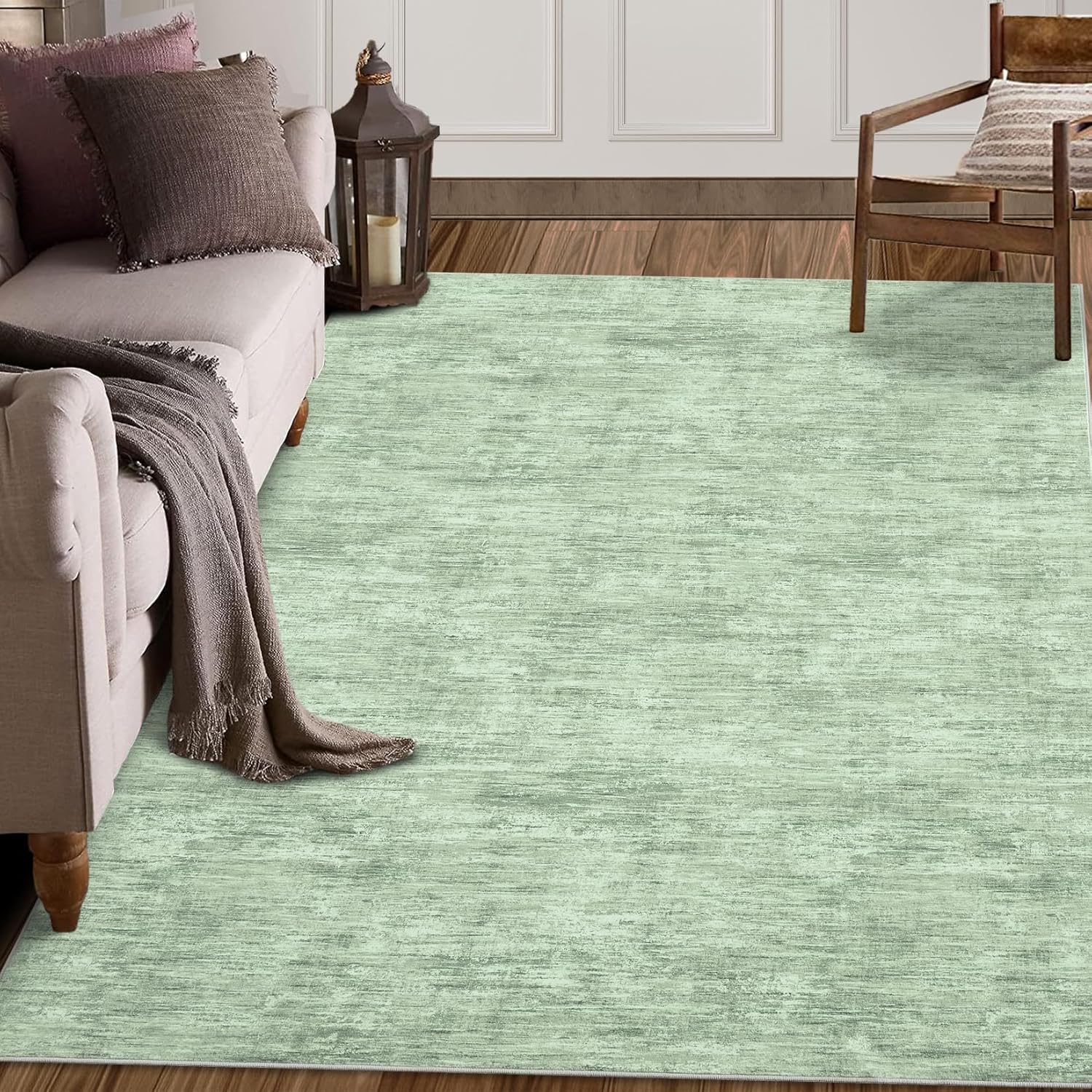 GarveeHome 9x12 Living Room Area Rug Large Washable Bedroom Rug Stain Resistant Low Pile Dining Room Throw Carpet with Rubber Backing Modern Solid Color Carpet for Home Decor Office, Green