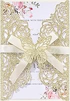 Maffily 50PCS Gold Glitter Laser Cut Wedding Invitations with Butterfly Ribbons, Rose Hollow Envelopes & RSVP Cards for Quinceañera Bridal Shower