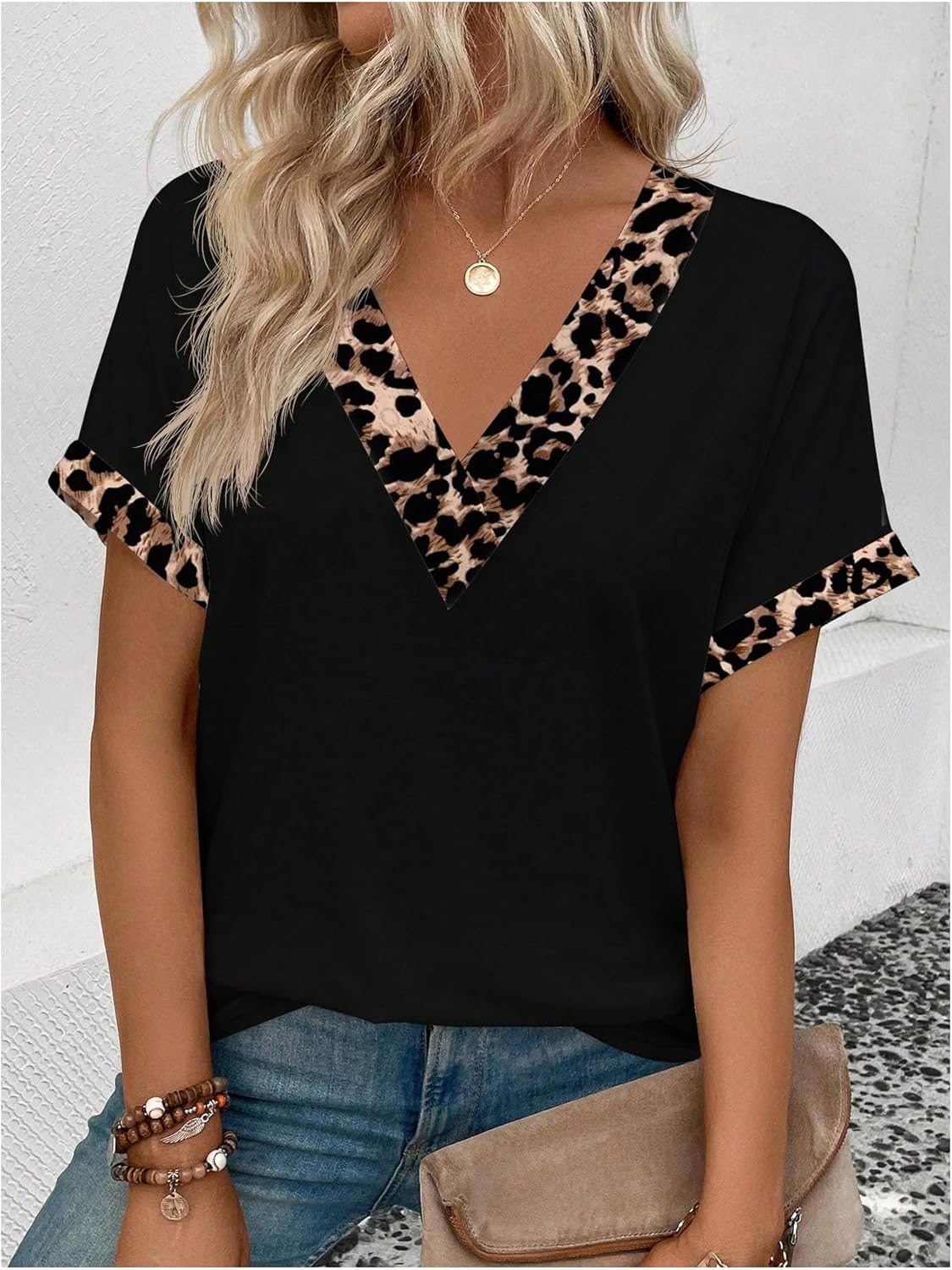 SweatyRocks Women's Leopard Print Top Dolman Sleeve V Neck Color Block Trendy T Shirts - Image 5