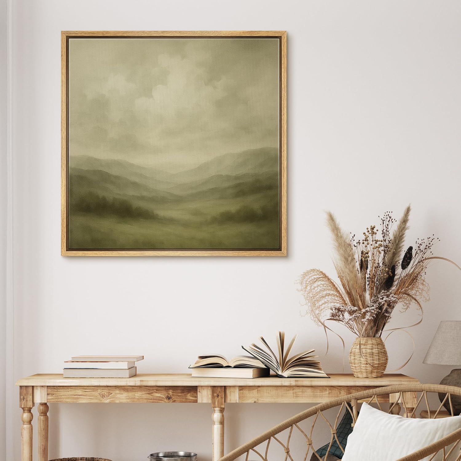 MUDECOR Framed Canvas Print Wall Art Soft Green Mountain Ranges Minimalist Misty Landscape Illustrations Realism Decorative Panoramic Earth for Living Room, Bedroom, Office - 24"x24" Natural