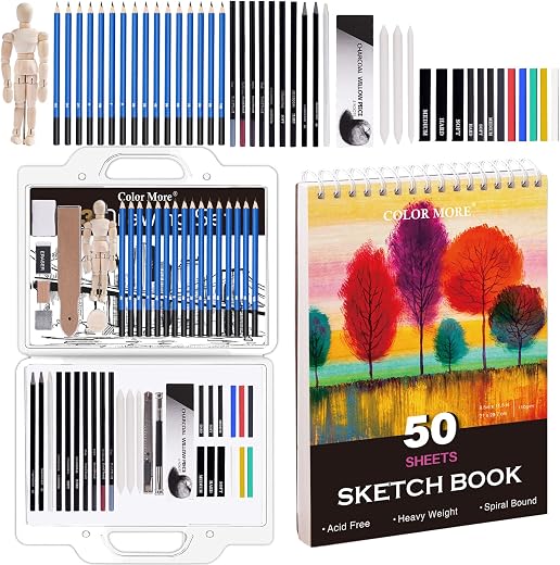 54 Piece Drawing Set with Carry Handle-Sketching,Graphite,Pastel and Charcoal Pencils.Includes 50 Page Drawing Pad,Eraser,Blending Stump.Professional Art Pencil Set for Teens and Adults,Art Supplies