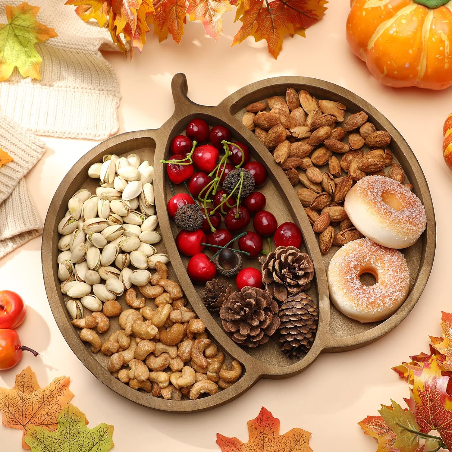 Spiareal Fall Pumpkin Serving Tray Platter Charcuterie Board, Wood Color