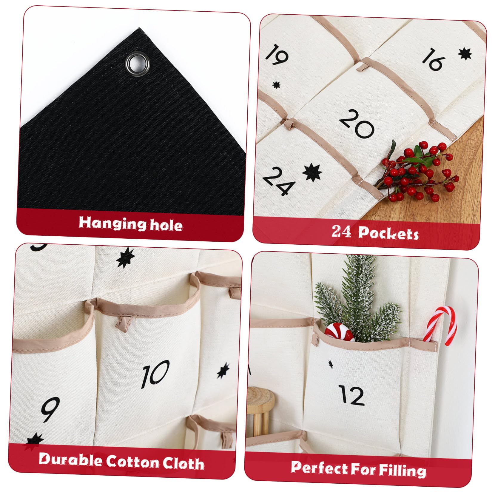 NUOBESTY Weihnachts Adventskalender Tasche Aus Stoff Wandaufhängung Aufbewahrungstasche Mit 24 Taschen Für Weihnachtsdekoration Und Kleinen Organizer Zum Hängen An Wand Tür Oder Baum