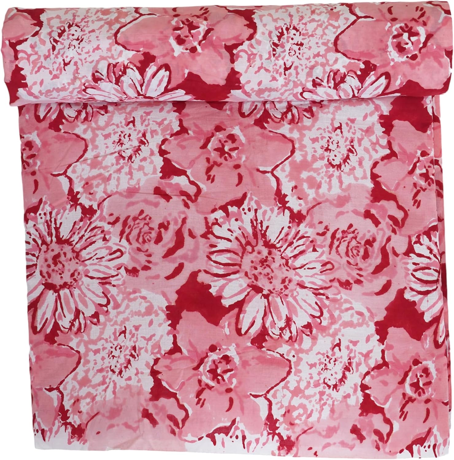 Treen Art Ethnic Indian Hand-Block Printed Floral Pattern Fabric Cut by The Yard 100% Cotton Material Quilting, Sewing, Crafts, Arts (5 Yard, Green Pink Floral)