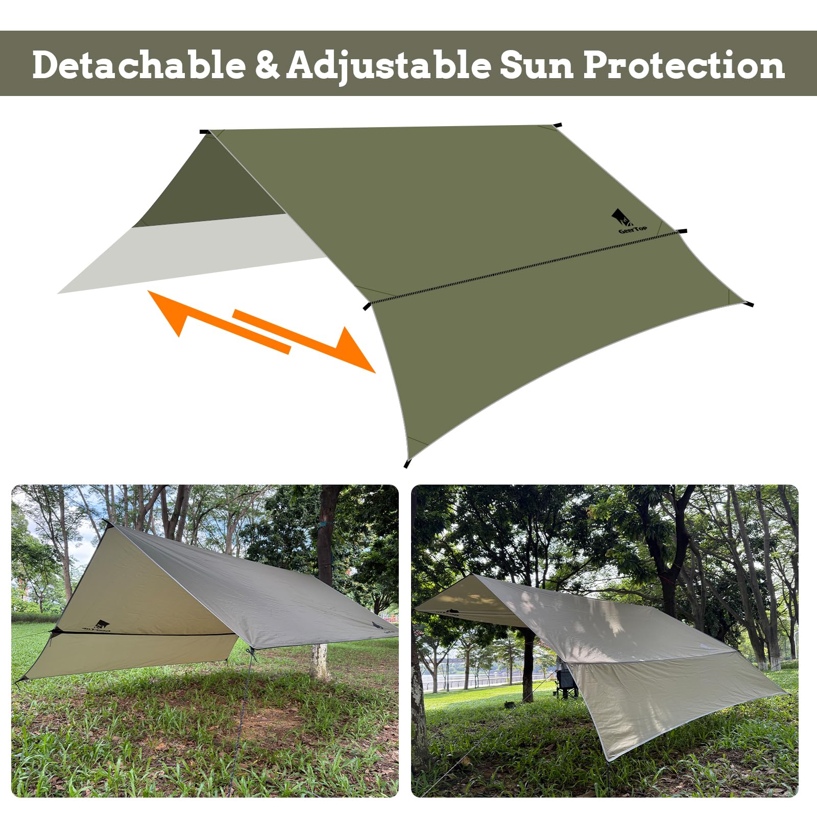 GEERTOP Tarp Wasserdicht, 3×3.6m Ultraleicht Camping Zeltplane, Anti-UV Schutz Sonnen & Regen & Schnee, Mit Ösen, Aluminiumstifte, Nylonseile, Leicht tragbar für Hängematte Camping Picknick Wandern