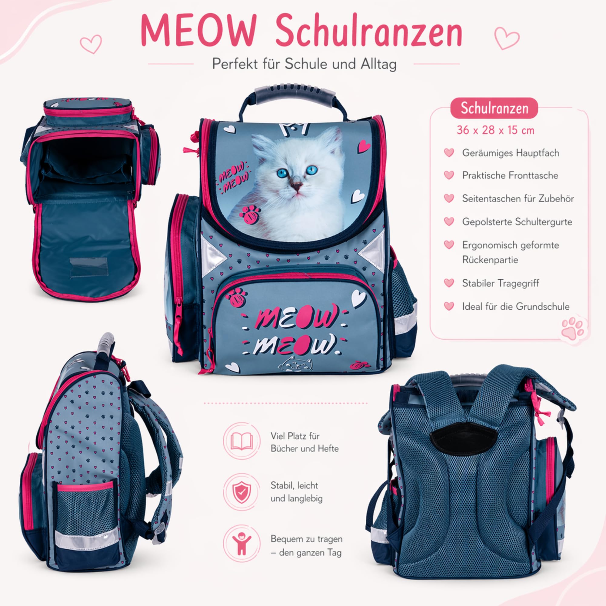 Goldkids Cartella per la scuola con motivo gatto ergonomico, astuccio per matite, per la scuola elementare, set da 4 pezzi, adatto a partire dalla prima classe della scuola elementare.