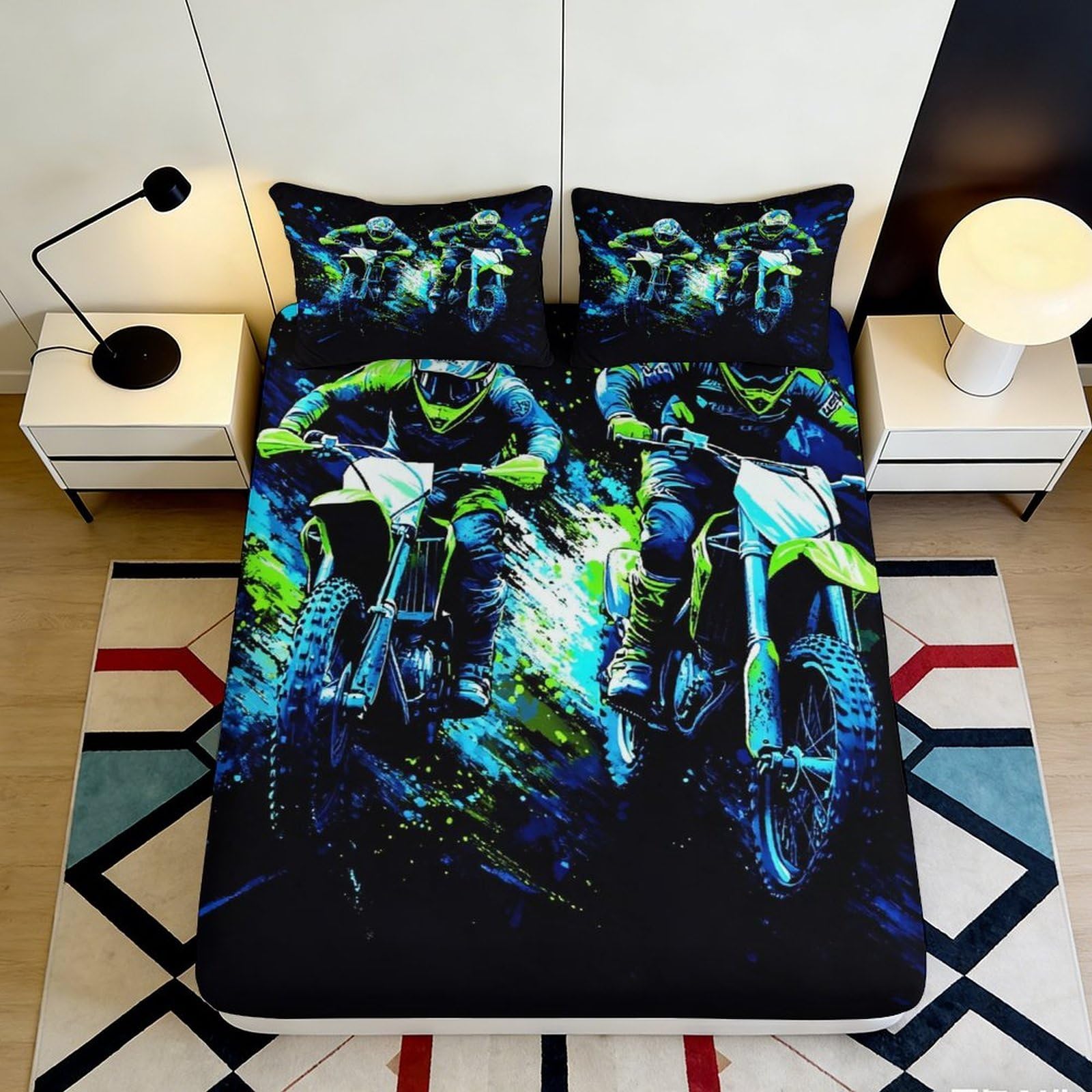 3D Printed Motocross Race Fitted Sheet Microfiber Soft Breathable Extreme Biking Mattress Cover for Bedroom Dorm Mattress Protection Decor 90x200x25cm