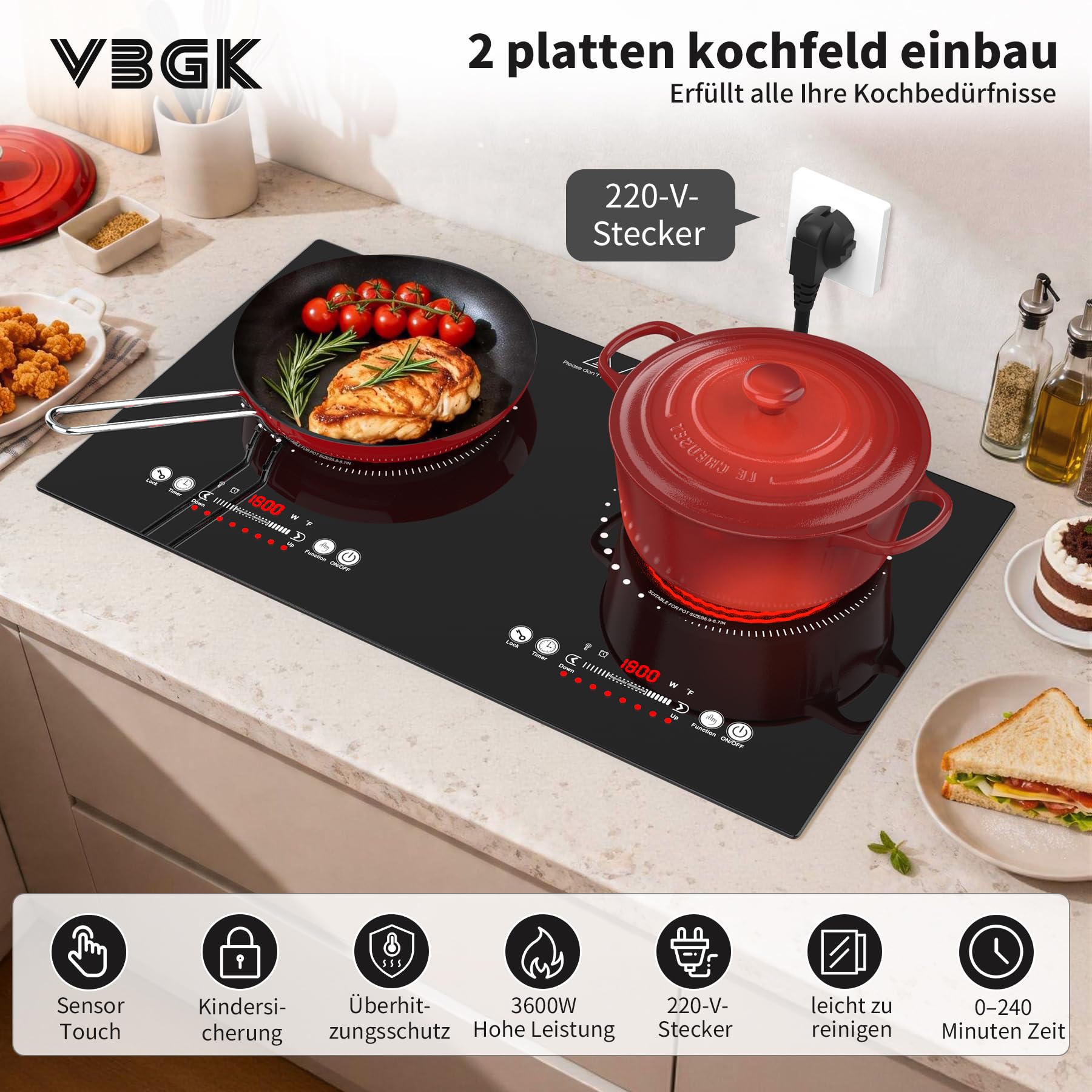 VBGK Keramikkochfeld, 220V, 3600W, Keramikkochfeld mit LED-Touch-Steuerung, 9 Leistungsstufen, Kindersicherung und 4-Stunden-Timer, Überhitzungsschutz kochfelder, Glaskeramikkochfeld 2 Platten