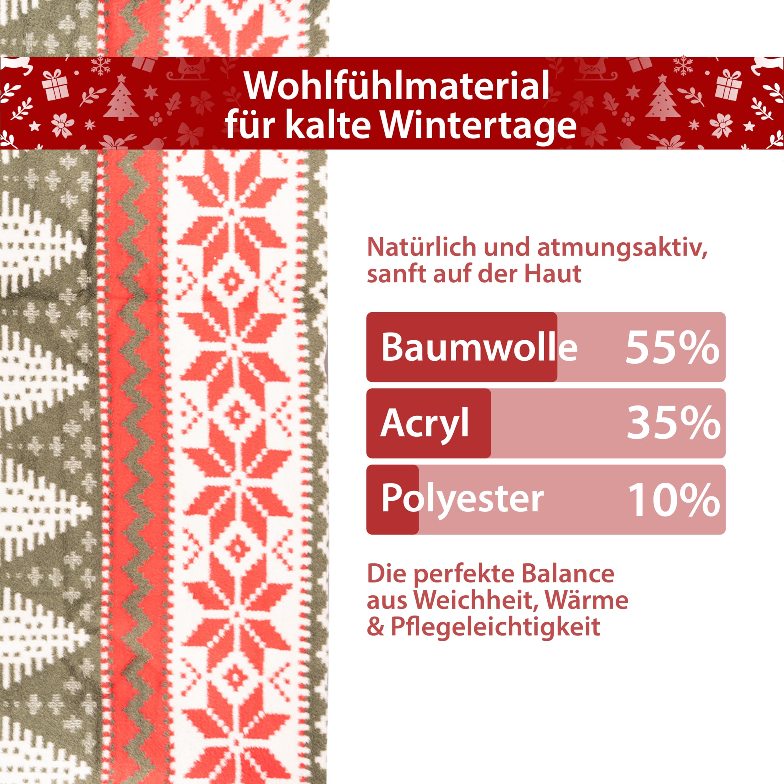 Weihnachtsdecke 200x150 cm Rot - Kuschelige warme Winterdecke mit Schneeflocken, Herzen & Bäumen - Festliche Sofadecke - Flauschdecke - Decke aus Baumwollmix - Kuscheldecke Weihnachten