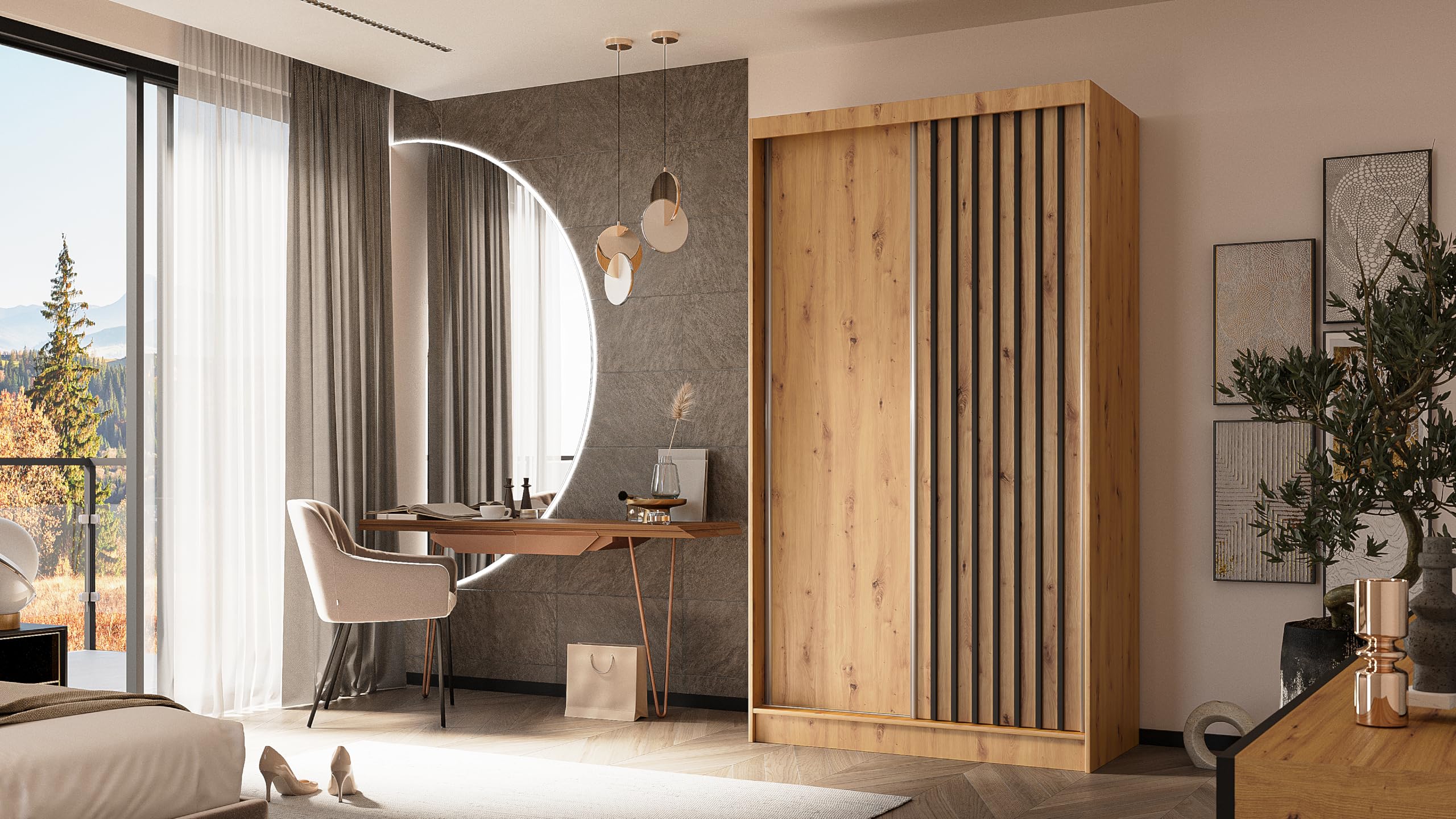 Kleiderschrank Erika mit Lamellen ohne Spiegel, Organizer, Mehrzweckschrank, Schwebetürenschrank, Garderobenschrank, Kleiderstange, Kleiderständer, Flurschrank, 120 cm, braun, schwarz