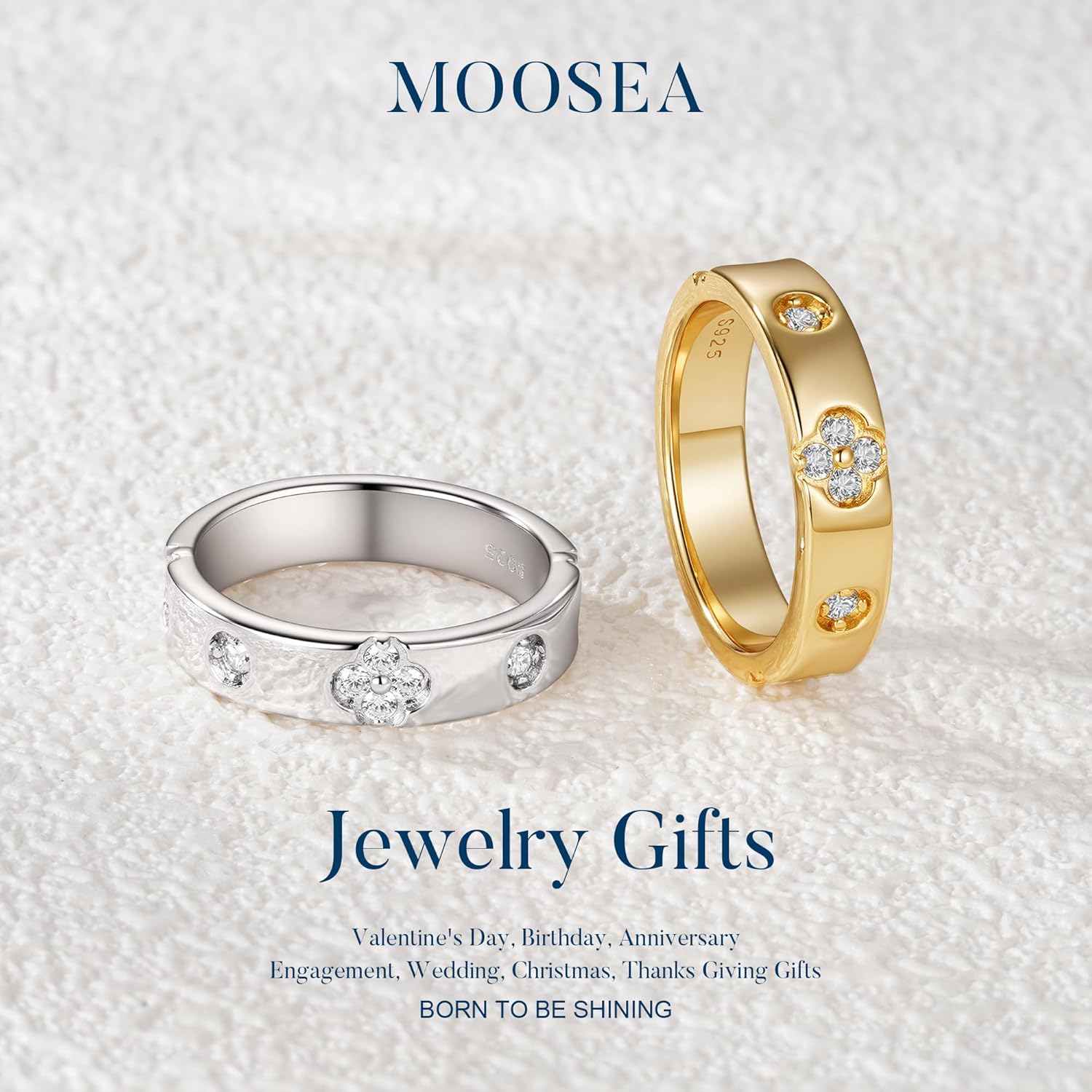 MOOSEA Four Leaf Clover Moissanite Rings for Women, Lab Created Moissanite 925 Sterling Silver Wedding Band Birthday Anniversary Jewelry Gifts for Her Size 6-8 - Image 3