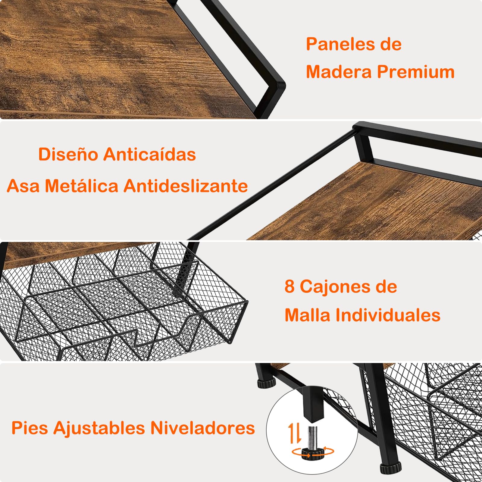Caja de Té Infusiones con 8 Compartimentos, Organizador de Té de Madera y Metal con Cajón, Caja de Almacenamiento Elegante para Té, Café, Especias, Encimera de Cocina, Porta Accesorios de Té