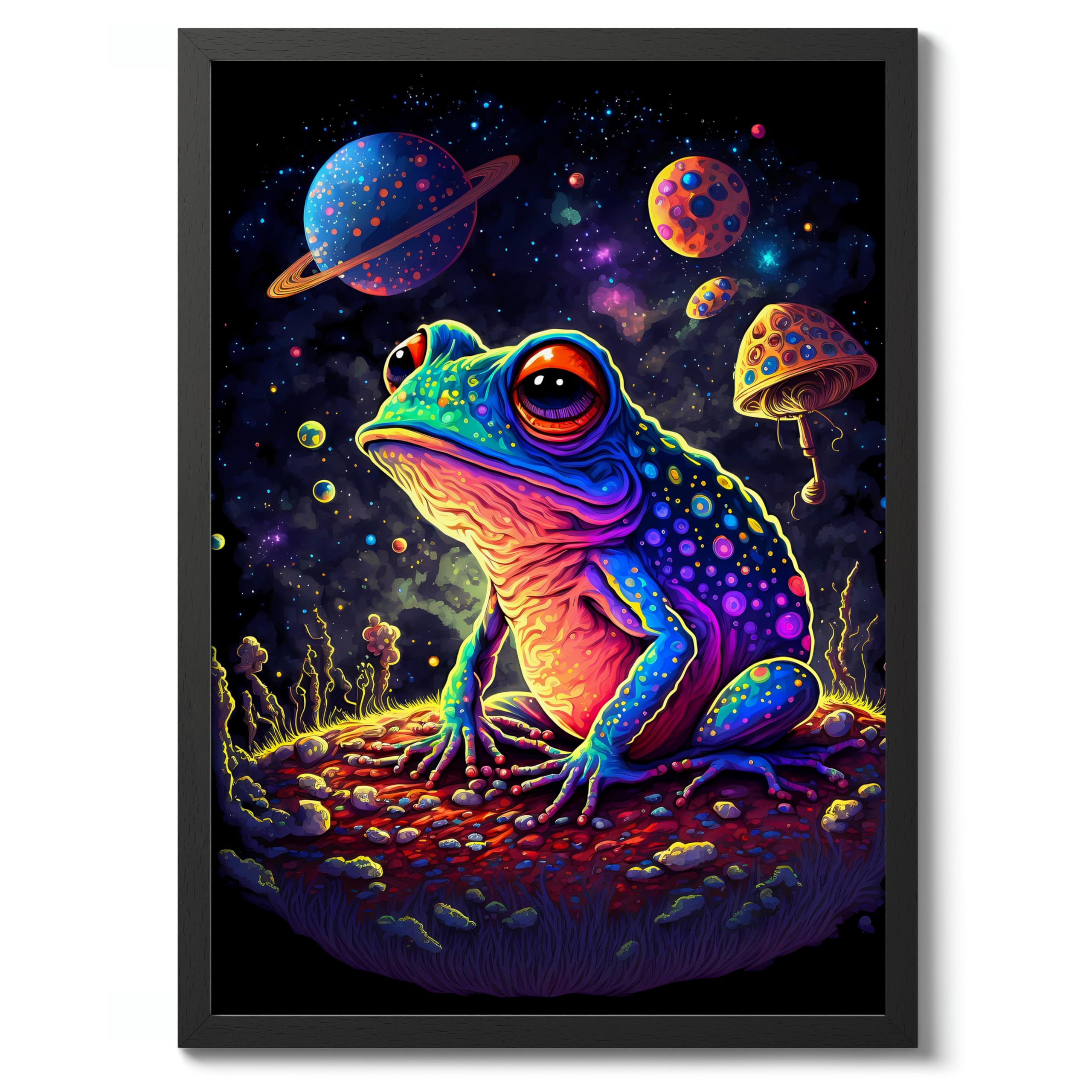 Psychedelic Space Frog Space Poster, Colourful Abstract Astronomy Wall Art Home Decor, Astronaut Planets Print, Archival Matte, A4 (Black Frame) - 29.7x21cm — image 1