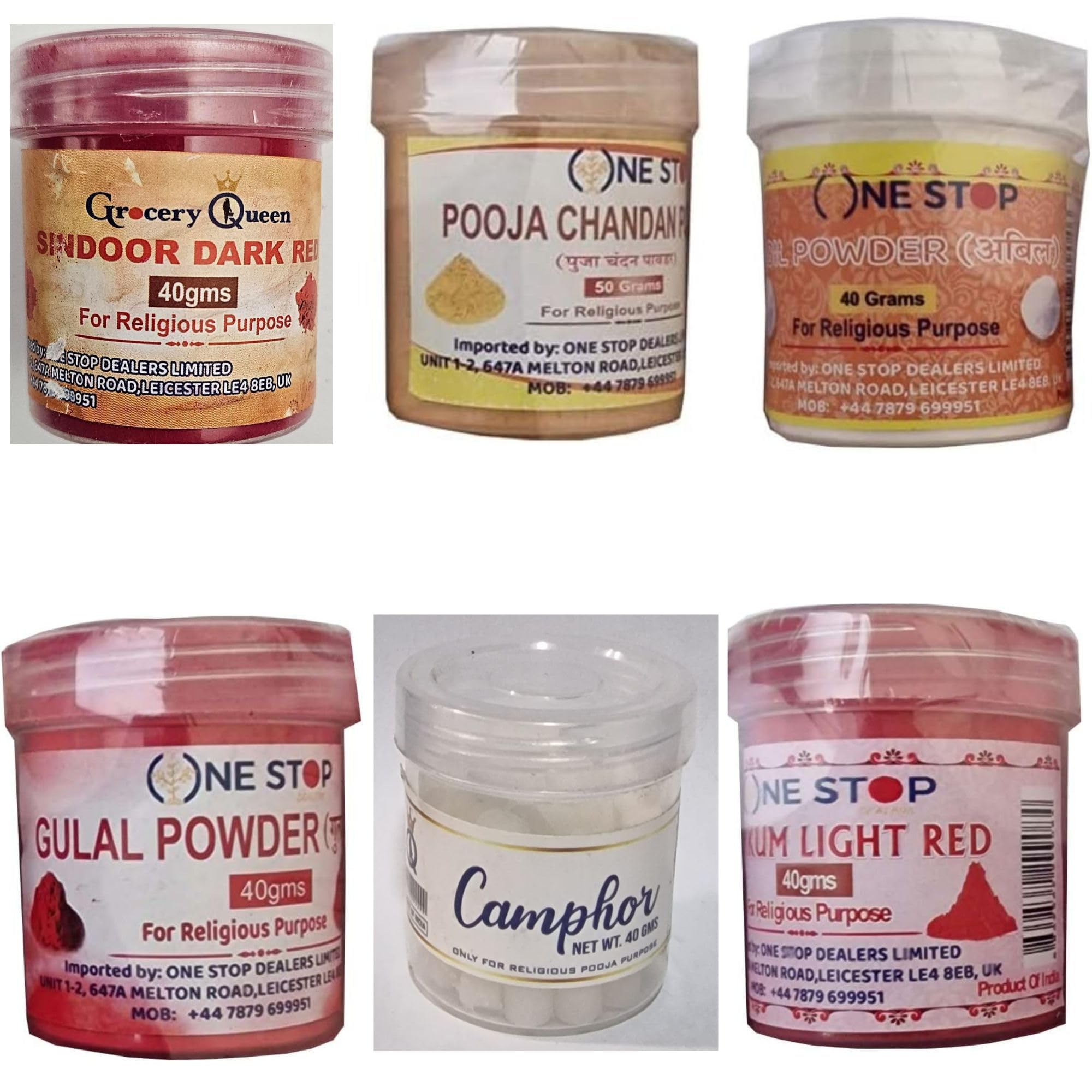 Combo Pack of Kumkum, Sindoor, Chandan Powder, Abil, Gulal & Camphor (Total 6 Items in Each Pack) – Traditional Puja Samagri for Rituals & Festivals