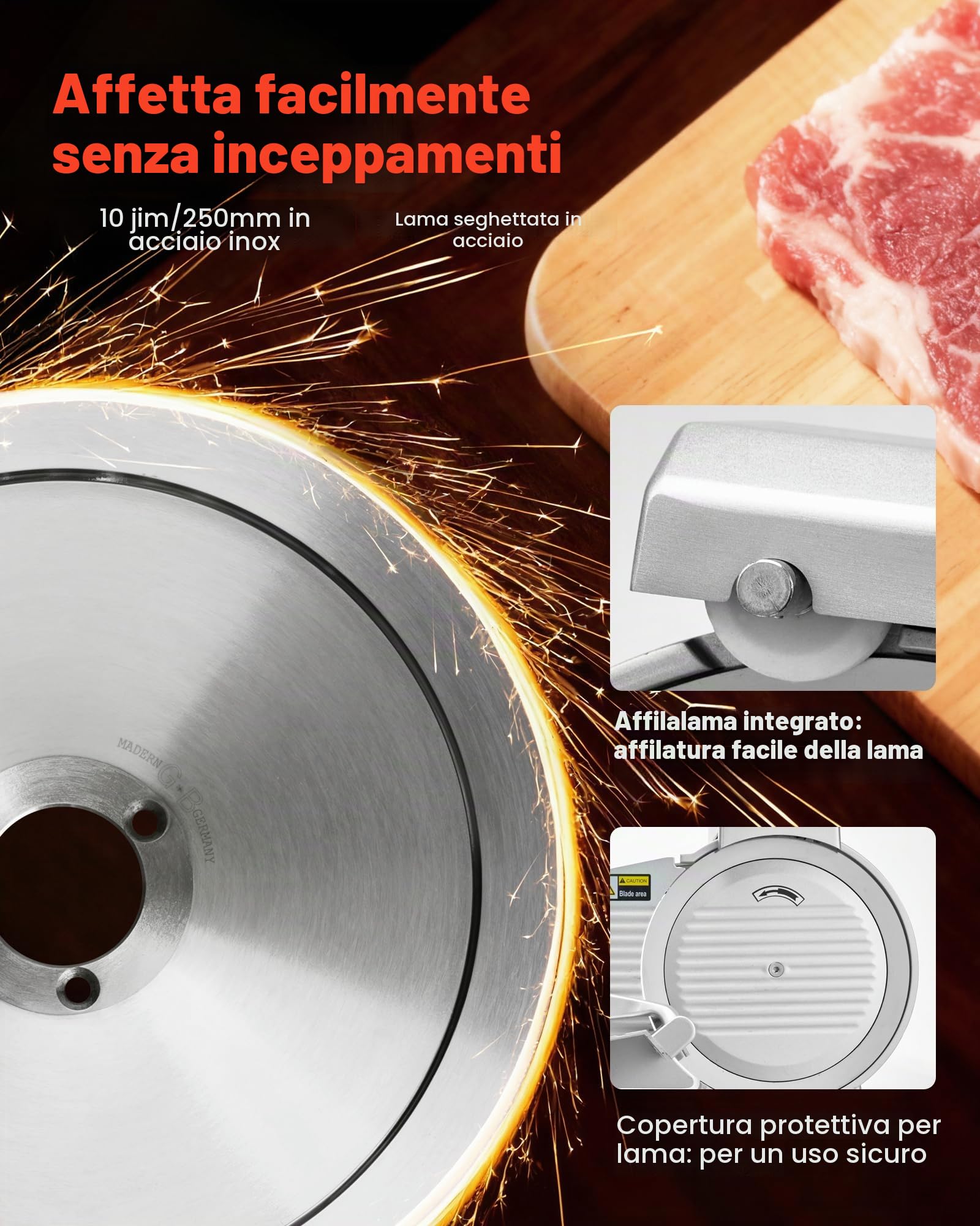 VEVOR Affettatrice Elettrica per Carne Commerciale da 320 W con Lama da 25 cm, Affettatrice con Spessore Regolabile da 0 a 10 mm, per Carne Congelata, Prosciutto, Bistecca di Prima Qualità