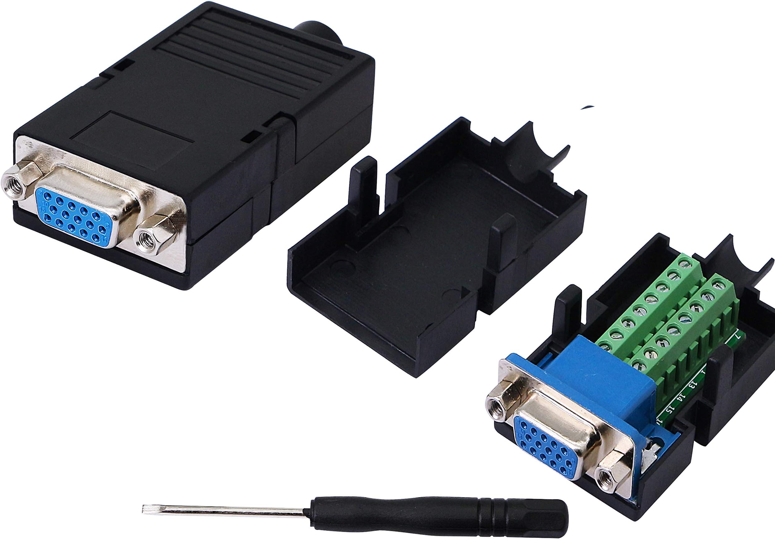 VGA DB15 Solderless Connector 3+9 D-SUB 15 Pin VGA 3 Row Breakout Board Adaptor with Case+Screwdriver(2-Pack Fmale)