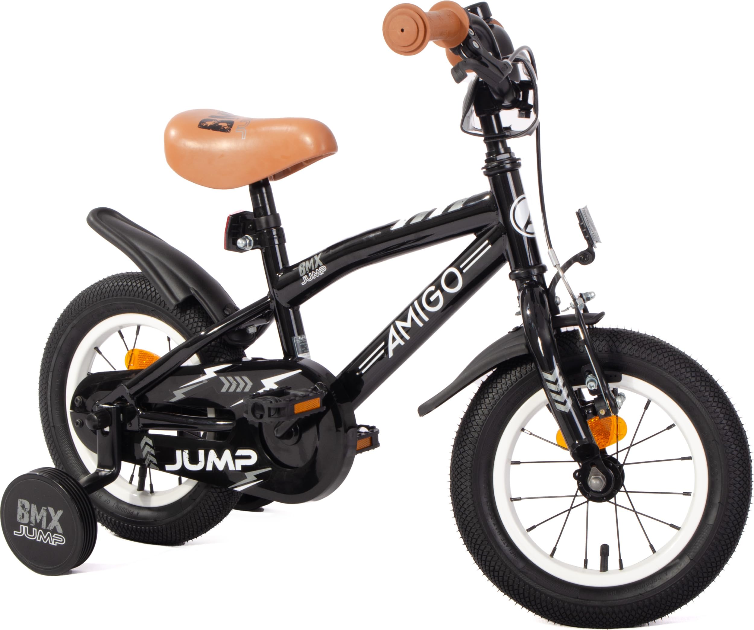 AMIGO BMX Jump - Kinderfahrrad Jungen - 12 Zoll - Mit Rucktrittbremse und V-Brake und Stützräder - ab 3-4 Jahr - Schwarz/Weiß