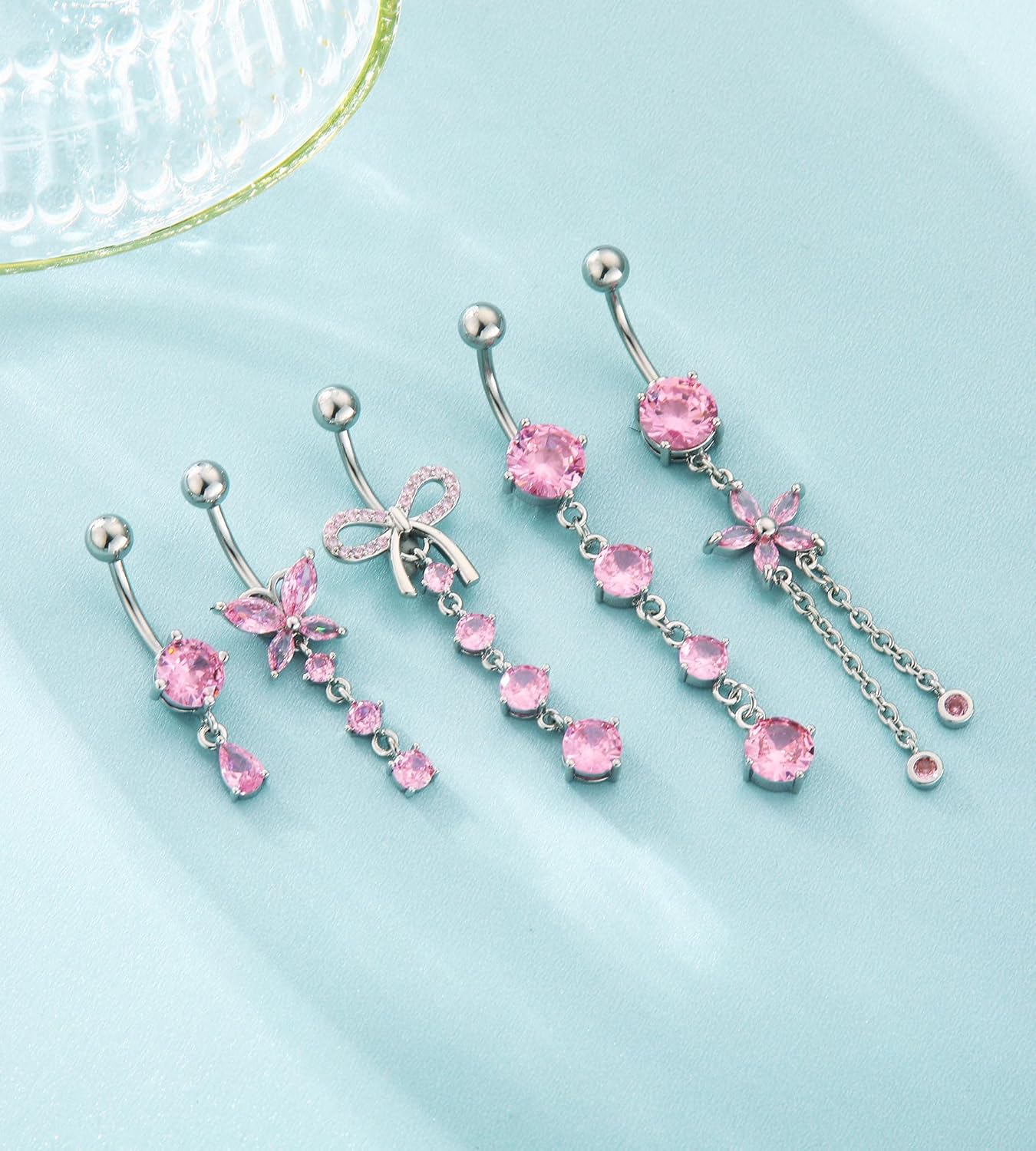 Belly Button Rings Gold Plated Silver Pink Clear CZ Belly Rings for Women Heart Bow Flower Butterfly Teardrop Dangle Navel Belly Button Piercing Jewelry - Image 3