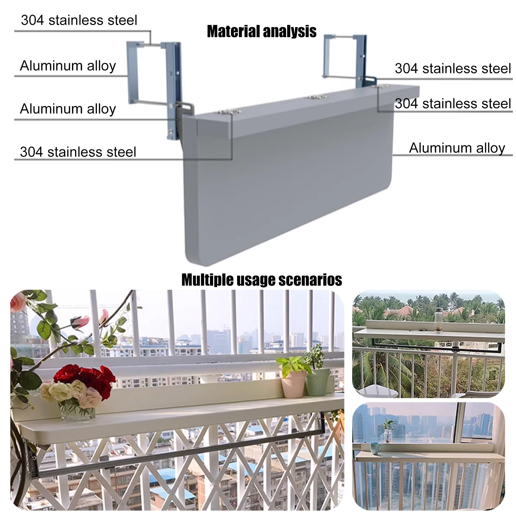 Składany stół balkonowy, z regulacją wysokości, aluminiowy wiszący stół barowy do balustrady tarasowej, patio i ogrodu