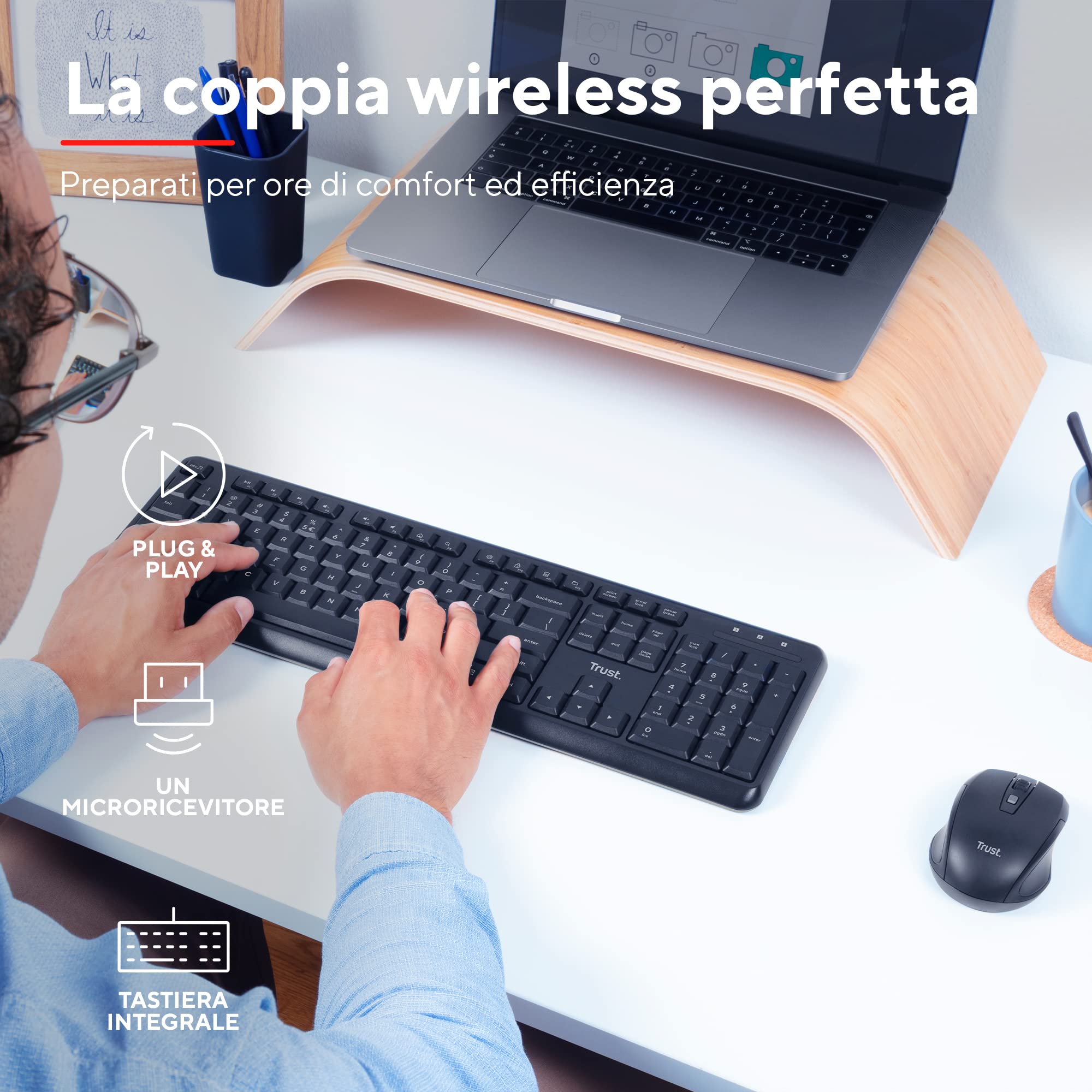 Trust Ymo Set Tastiera e Mouse Wireless, Layout Italiano QWERTY, per PC/Laptop/Notebook, Mac/Windows, Tasti Silenziosi, Senza Fili, 13 Tasti Funzione, Unico Ricevitore USB, Ergonomico, Nero
