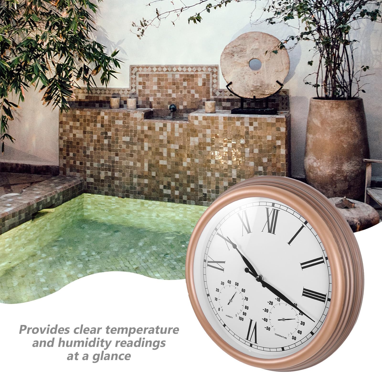 Außenwanduhr Robuste Außenuhr mit Thermometer und Hygrometer aus Kunststoff und Glas mit Sommeratmosphäre Ip44 Zertifiziert für Garten und Terrasse