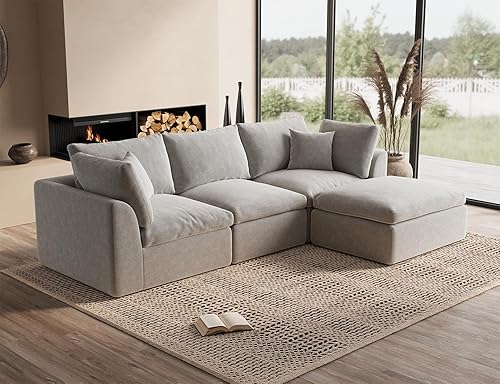 Miniatura 11 de Sofás seccionales Cloud de 110" para sala de estar, sofá convertible en forma de L con otomana, sofá seccional modular de 3 plazas, blanco cálido
