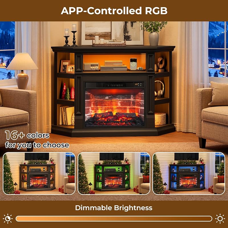 Corner TV Stand with Electric Fireplace, Black image 7