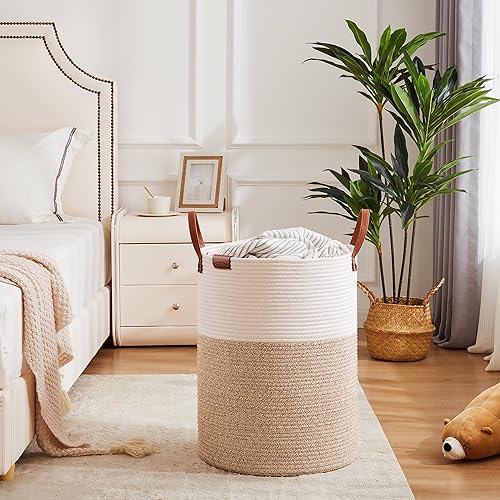 Miniatura 4 de MOJOSCEND Cesta alta para ropa sucia, cesta de cuerda tejida de 60 litros para manta, cesta de ropa para dormitorio, guardería de bebé, organizador