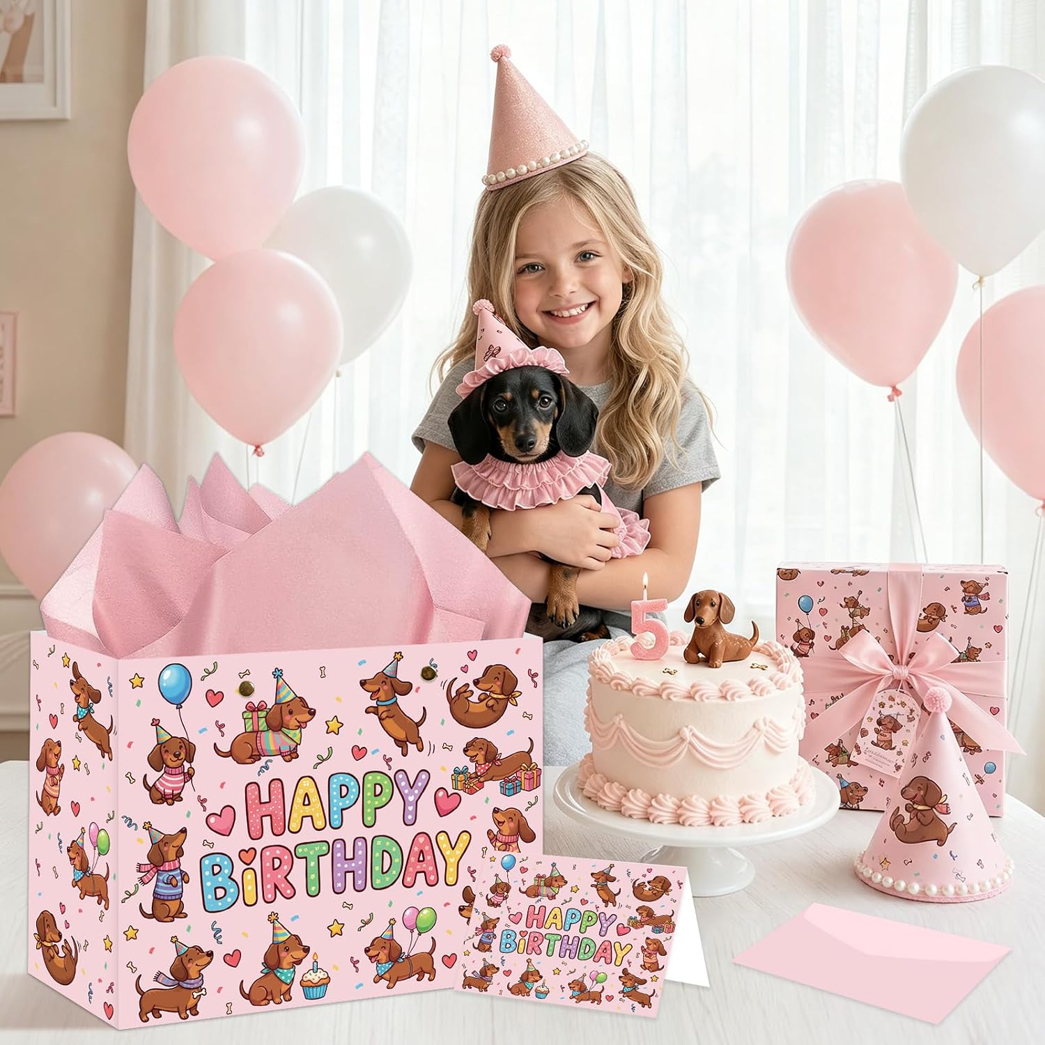 ZestBash Dachshund Dog Birthday Gift Bag - 13" Pink Cute Animal Wrap Set image 2