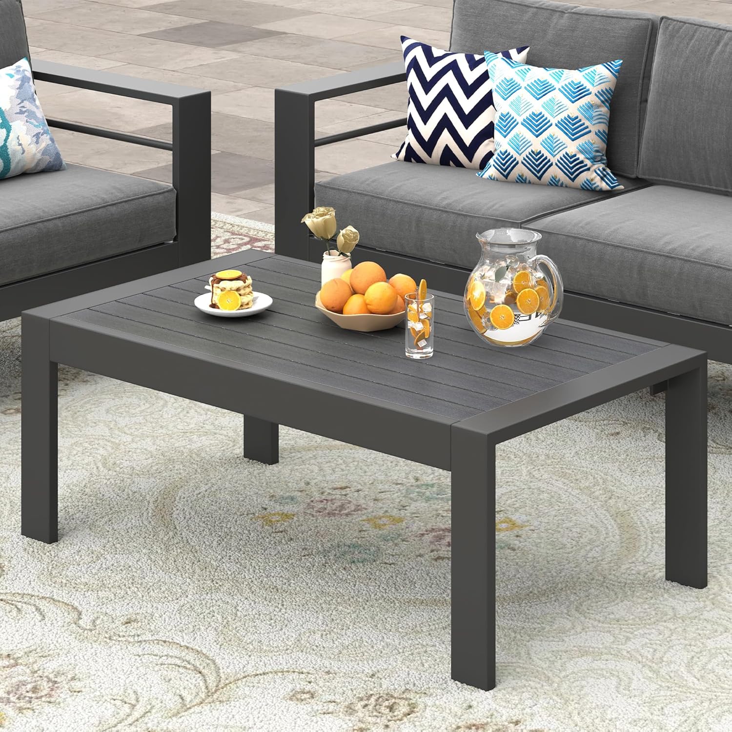 Modern Aluminum Outdoor Coffee Table, All-Weather Metal Rectangle Table for Patio, Balcony or Garden, Dark Grey