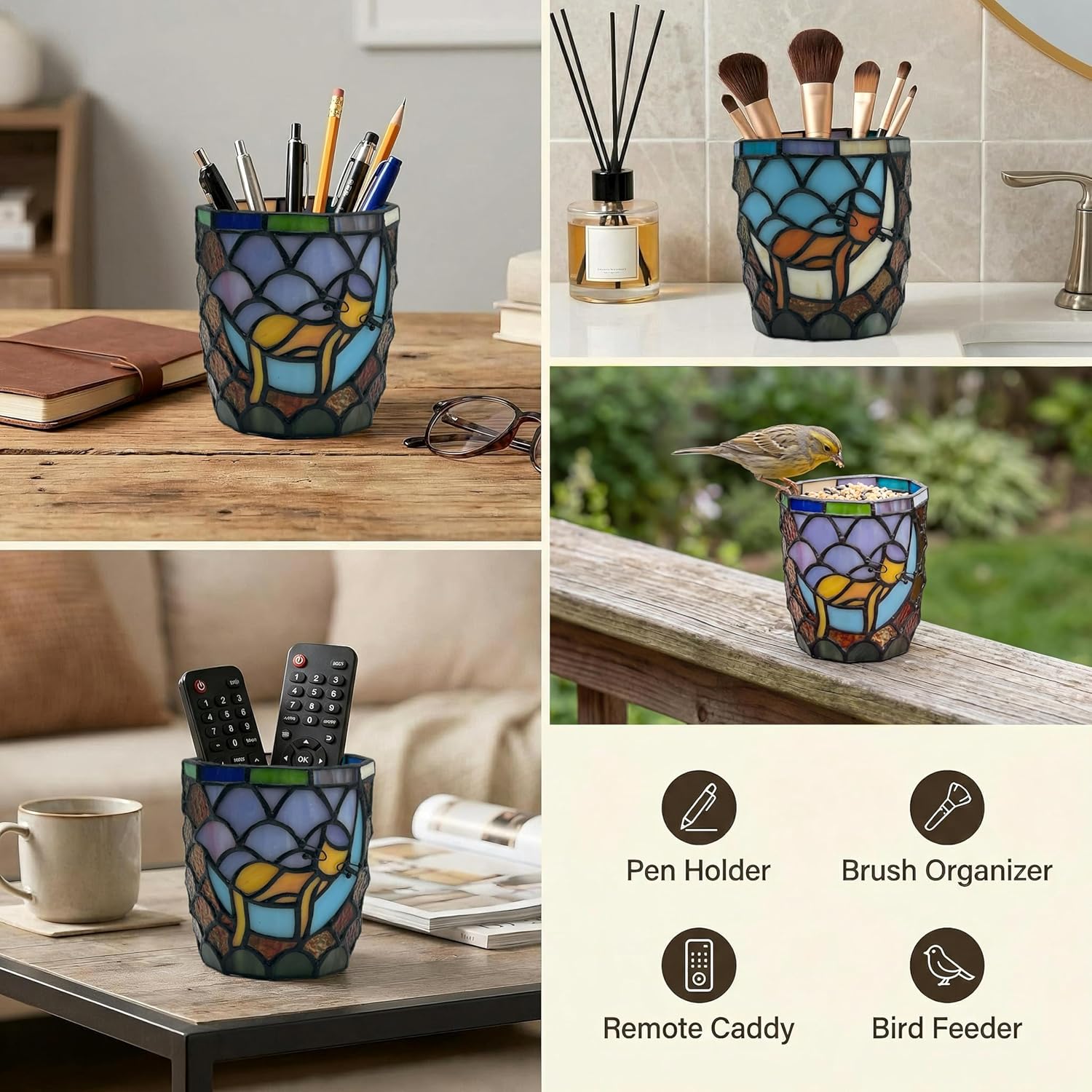 Stained Glass Hanging Cat Planter Pot, Orange Sleeping Cat Small Hanging Plant Pots Indoor, Blue Moon Flower Pot Plant Gifts