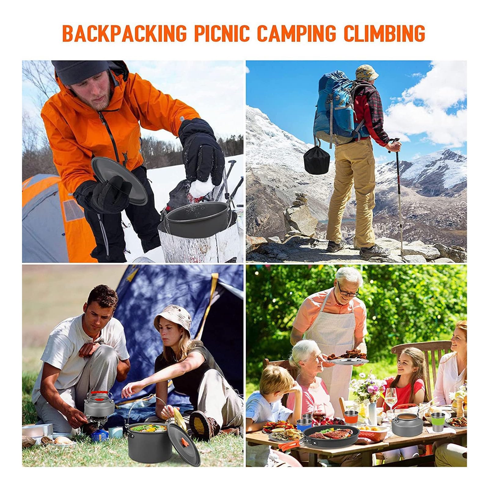 Asixxsix 48pcs Camping Kochgeschirr Set, Tragbare klappbare Nichtkleber Camping Ausrüstung mit Edelstahl Tassen Platten Gabeln Messer Löffel, für Outdoor Backpacking Wandern Picknick