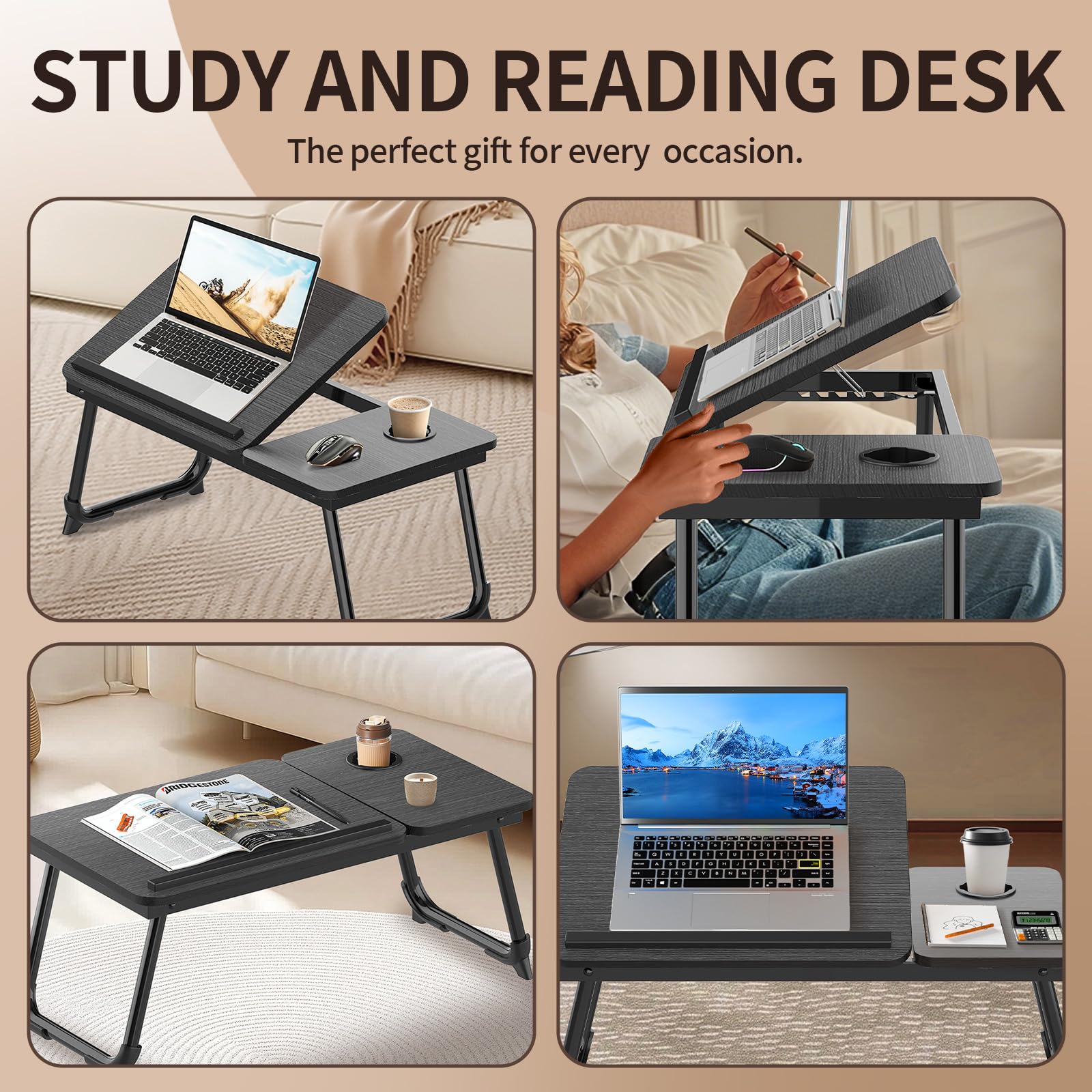 Arvioo Betttisch Laptoptisch Höhenverstellbar 57 x 33 x 28 cm Betttablett mit Anti-Rutsch-Streifen und Cup Slot Laptop Tisch für Sofa Arbeiten Bett Studieren Lesen Schreiben (Schwarz Gebürstet)