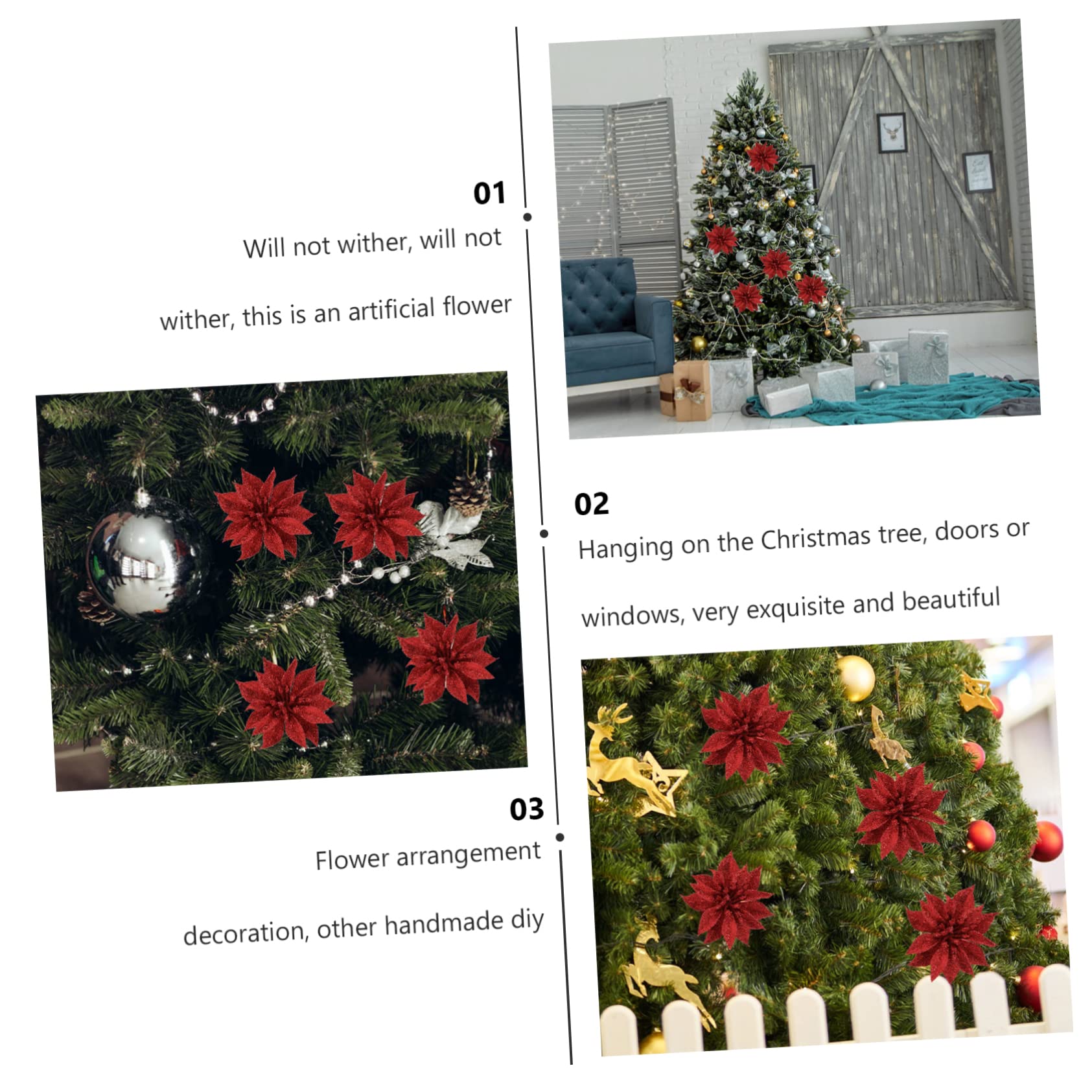 12 Piezas Adorno Colgante de Flores Artificiales para Árbol de Navidad de Poinsettias con Brillo Decoración Festiva para Hogar