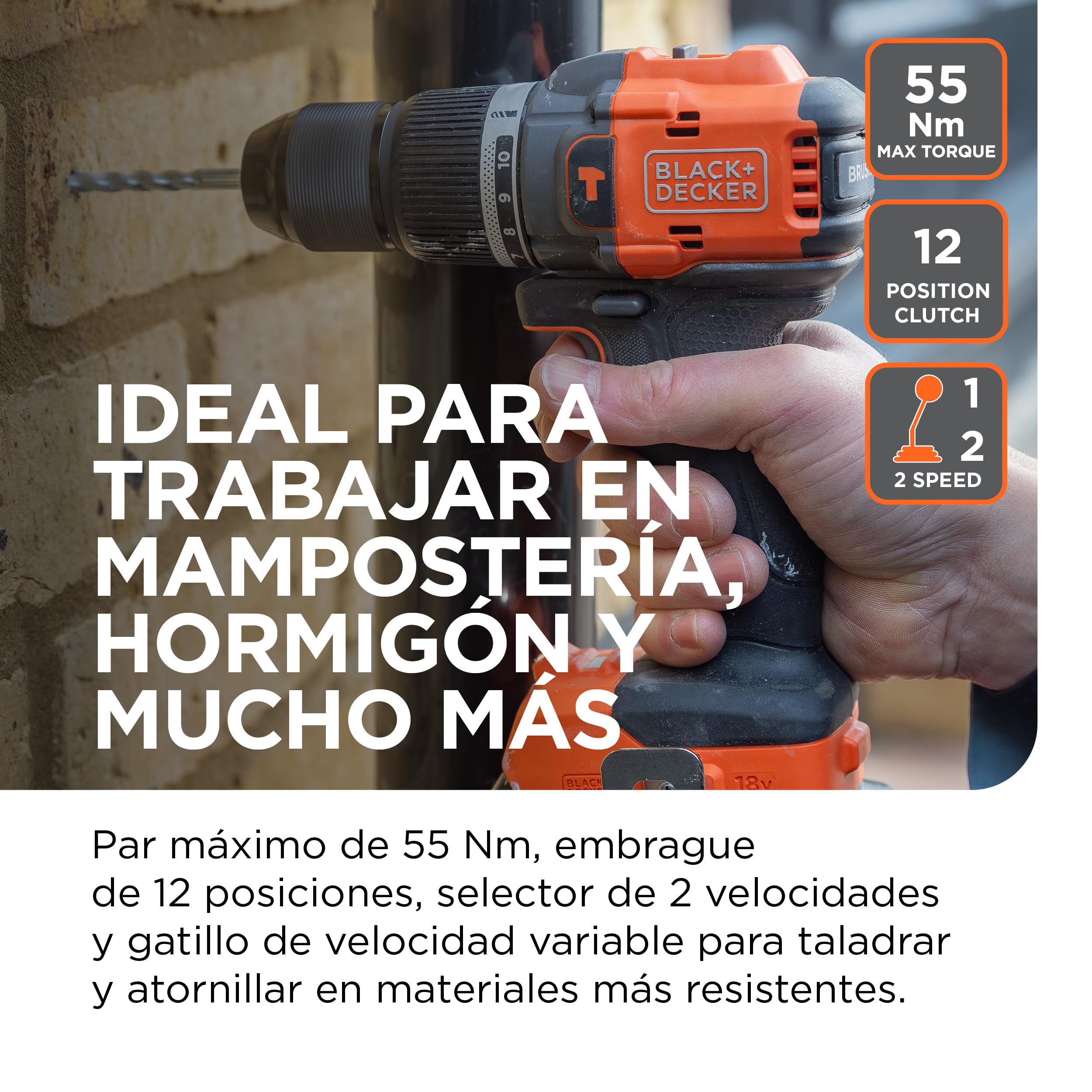 BLACK+DECKER Taladro percutor inalámbrico sin escobillas de 18v con batería de 2,0Ah, cargador, 50 accesorios y maletín de transporte, BLD783D1KA-QW