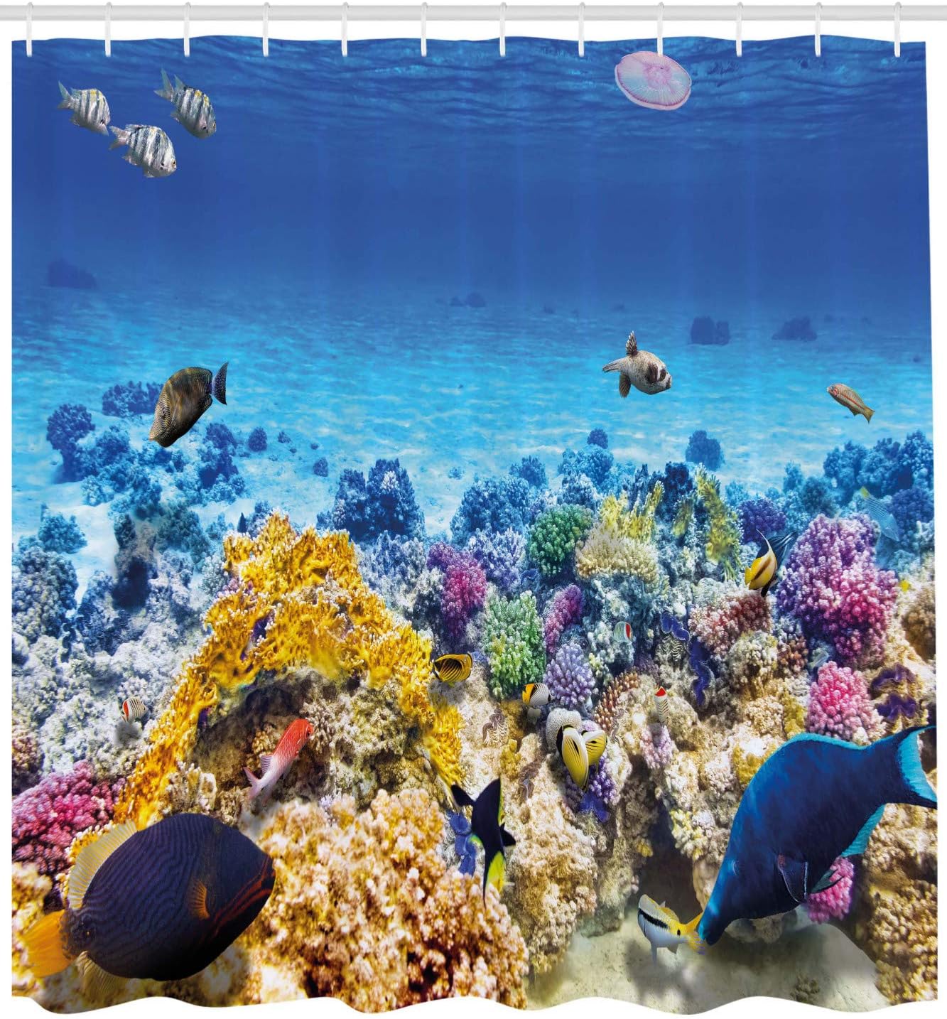 Ambesonne Fish Shower Curtain, Underwater Sea World Scene Goldfish Starfish and Jellyfish Depth Diving Concept, Cloth Fabric Bathroom Decor Set with Hooks, 69" W x 84" L, Turquoise