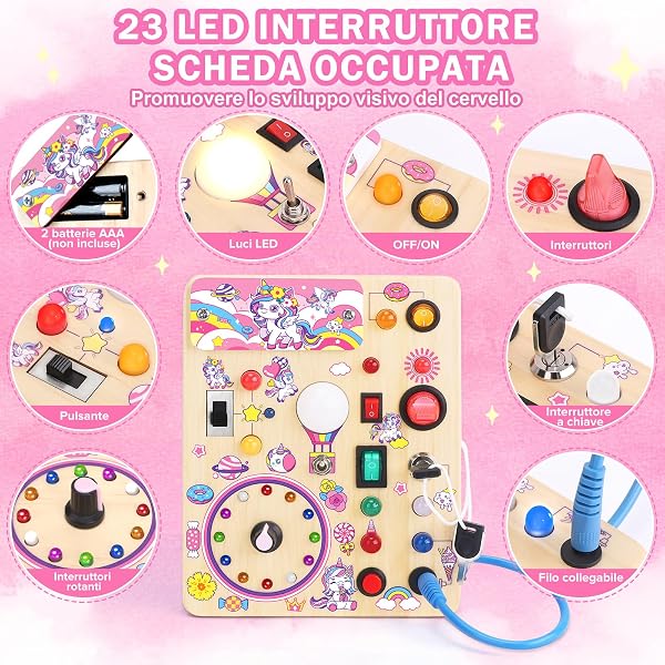 Unicorngioco Montessori 1 anno per Bambini Busy Board Giochi Legno con 10 Interruttori e 23 Luci LED Sensore Adatto 1-4 anni - 2