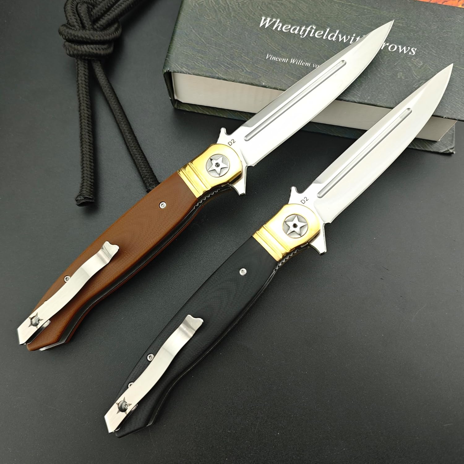 10" Large Finka-NKVD Flipper Opening Pocket Knife，Folding Knives with Clip and Liner Lock，440C Blade and Brown G10 Handle，EDC Tool for Camping，Hiking，Fishing (Black)