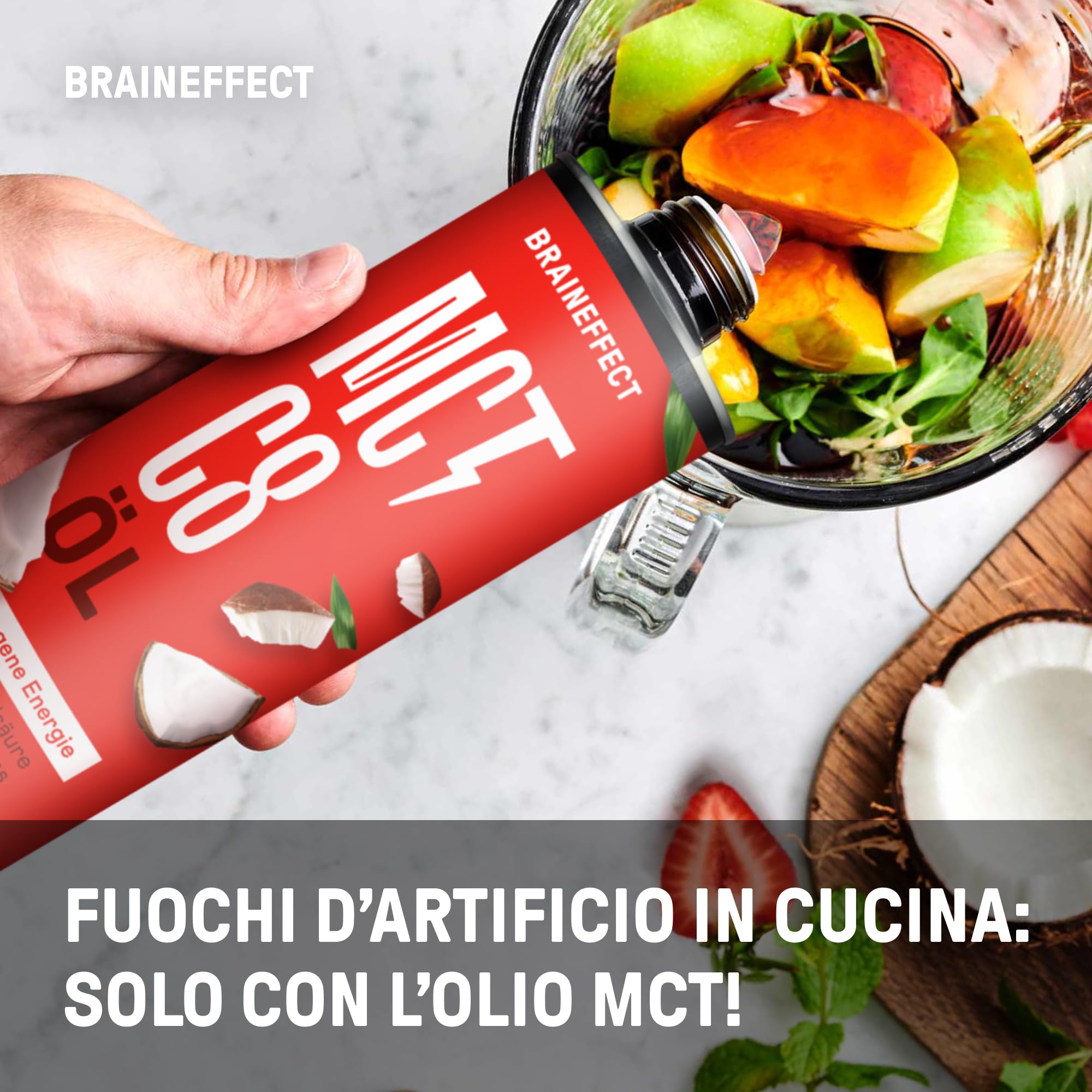 BRAINEFFECT Olio MCT 100% C8 - Qualità tedesca - Olio C8 puro (senza C10) da estratto di cocco di alta qualità - 1000 ml - Bottiglia metallica protettiva