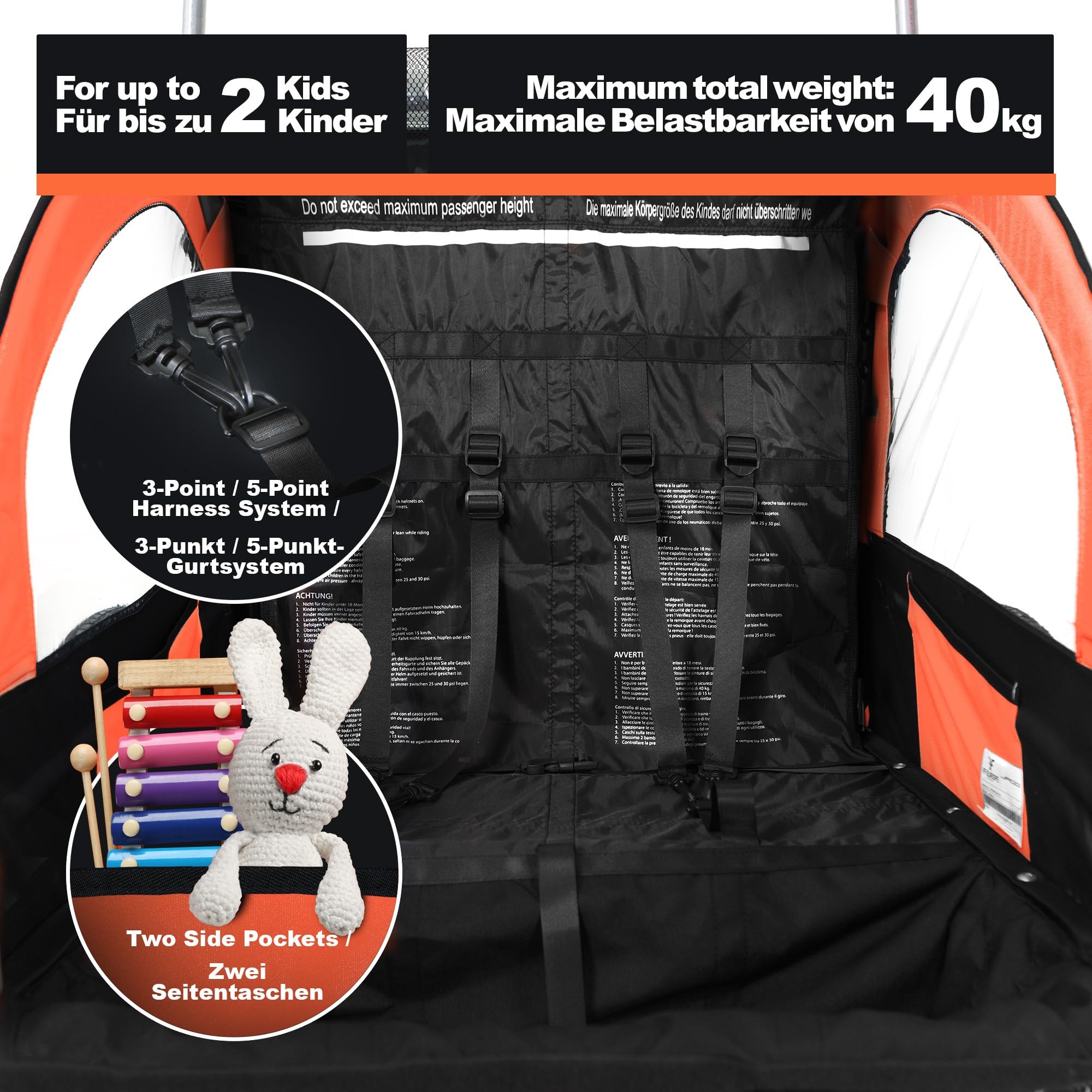 Jago® Remolque para Niños - 12+ Meses, 2 Plazas, Cinturón de Seguridad 5 Puntos, Plegable, Negro y Naranja - Cochecito de Paseo, Carrito, Bicicleta Infantil, Bici, Jogger, para Perros