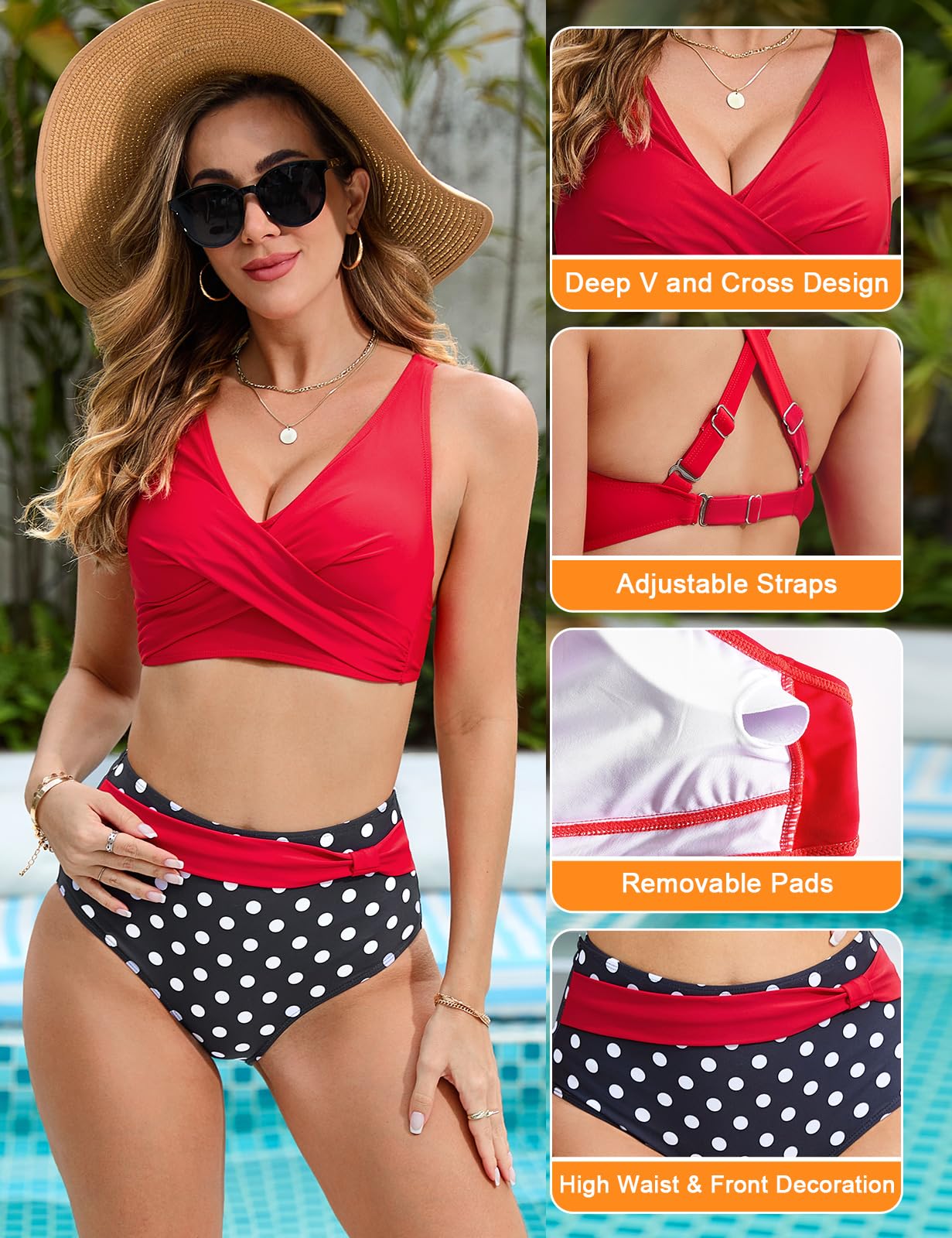 Nadeer Femme Maillots de Bain Deux pièces Taille Haute Élégant Col V Bikini Set Chic Vintage Push Up Ensemble
