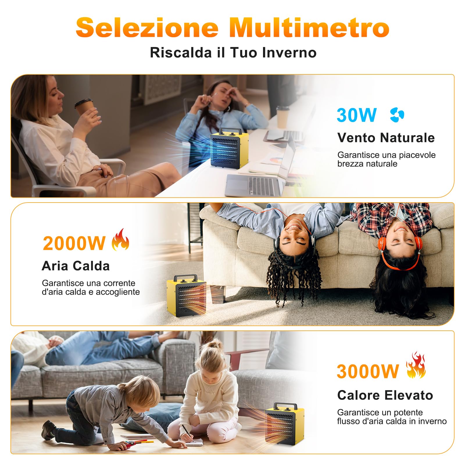 Termoventilatore Basso Consumo 3000 W - Mini Stufetta Elettrica | Compatto Ceramico Riscaldamento - Termostato e Protezione da Surriscaldamento - per Casa, Bagno o Officina, Gialla