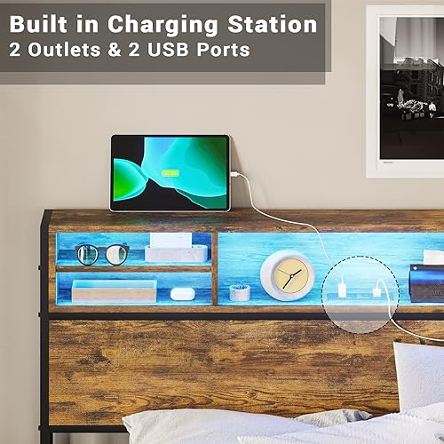 Miniatura 5 de ADORNEVE Marco de cama LED tamaño matrimonial con tomas de corriente y cabecera de estantería cama de plataforma de metal con cajones de